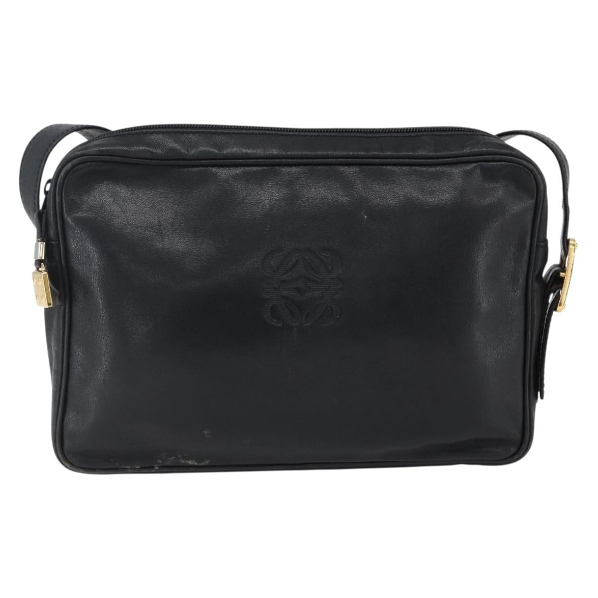 LOEWE Anagram Shoulder Bag Leather Black Gold Auth 173482