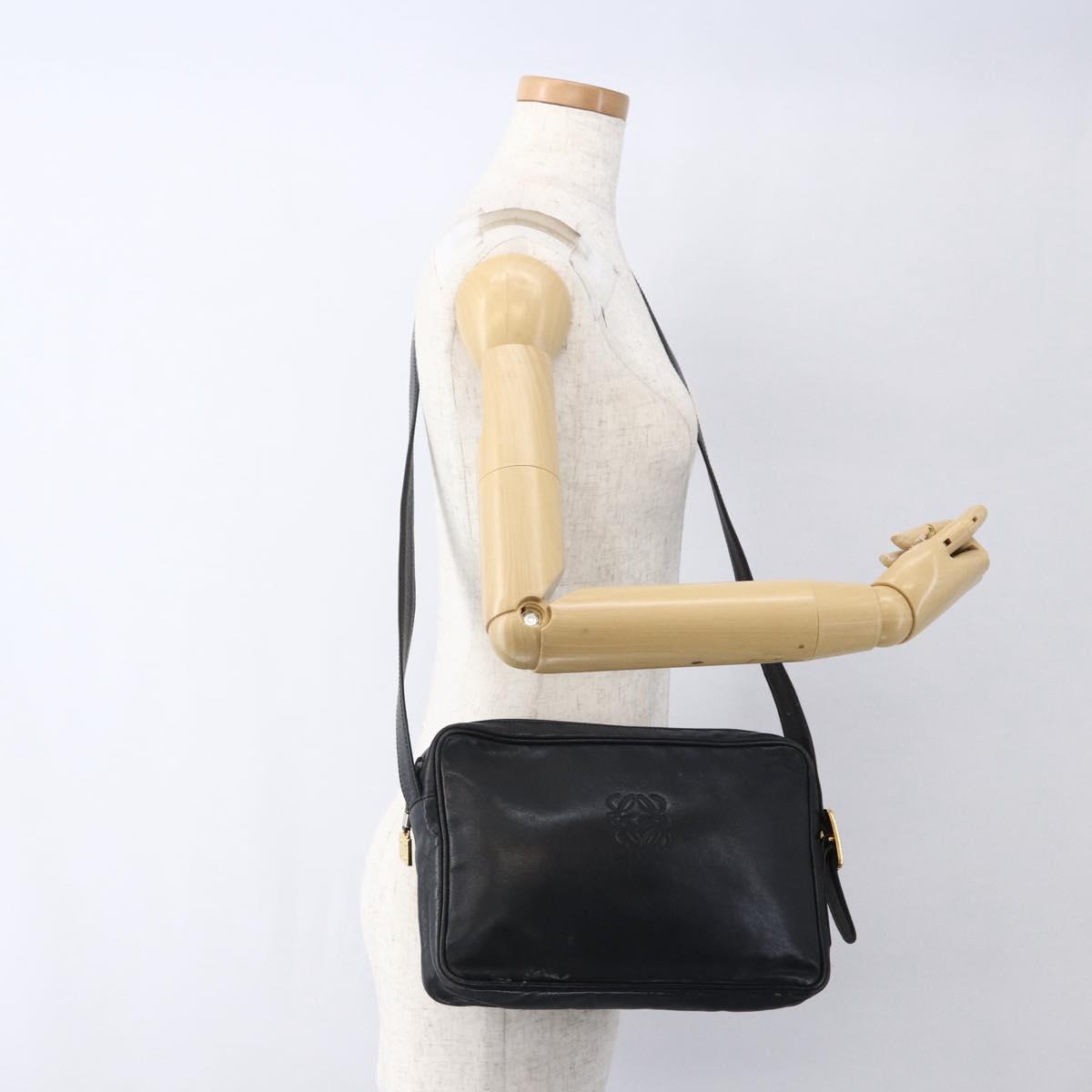 LOEWE Anagram Shoulder Bag Leather Black Gold Auth 173482