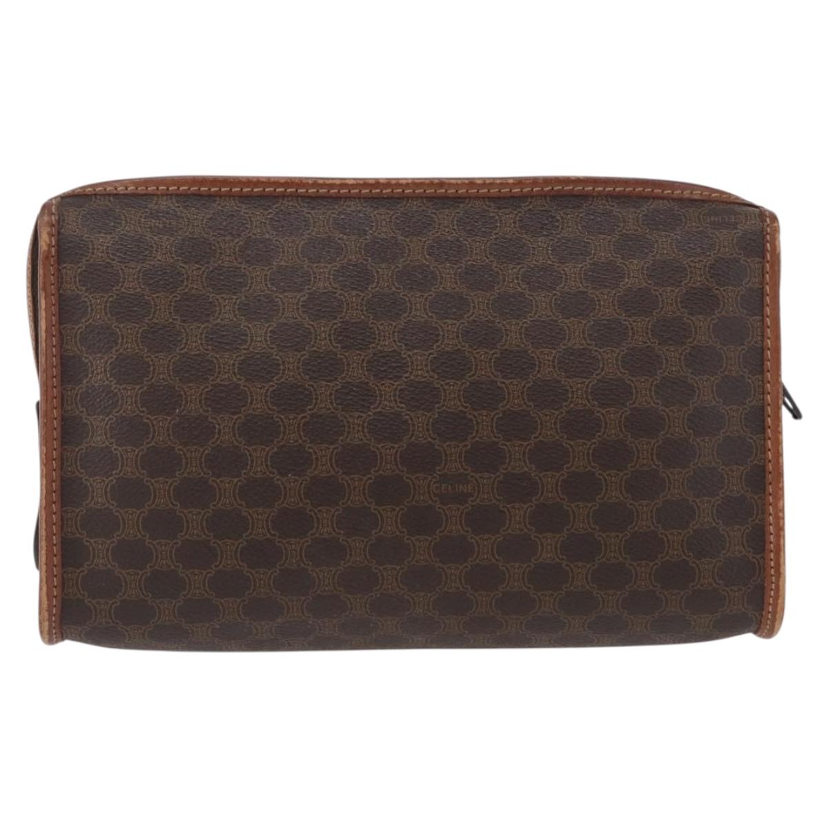 CELINE Macadam Canvas Clutch Bag PVC Leather Brown Gold Auth 173483