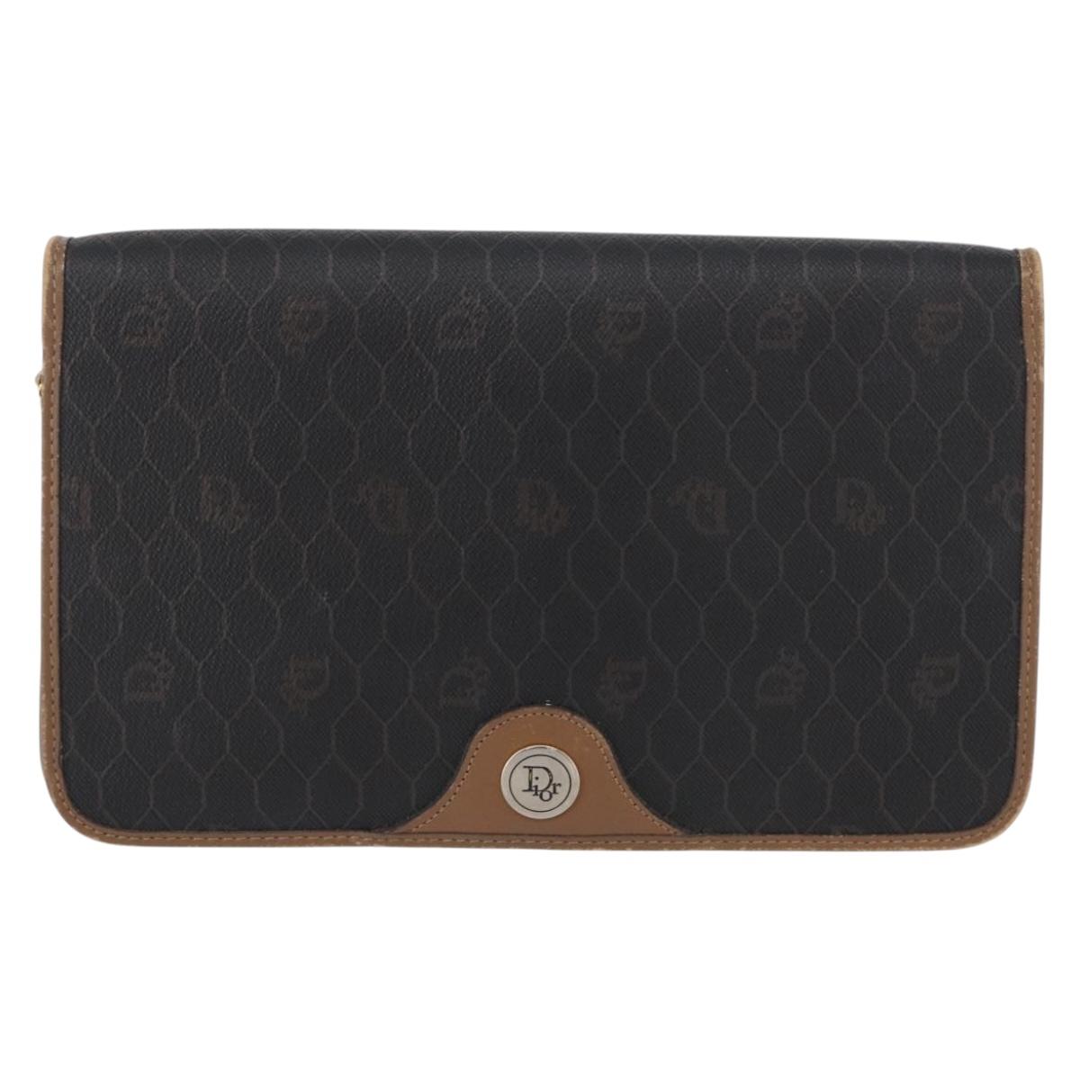 Christian Dior Honeycomb Canvas Chain Shoulder Bag PVC Black Gold Auth 173486