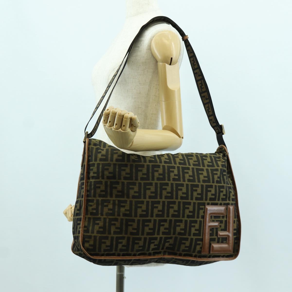 FENDI Zucca Canvas Shoulder Bag Black Brown Auth 173487V