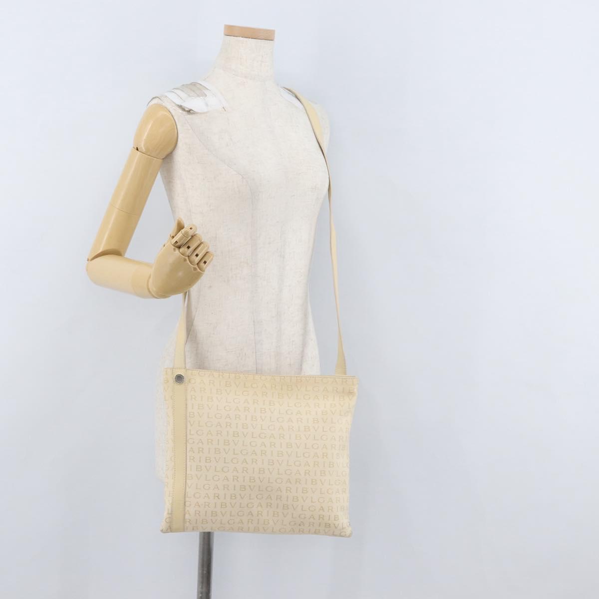 BVLGARI Logo Mania Shoulder Bag Canvas Beige Silver Auth 173495