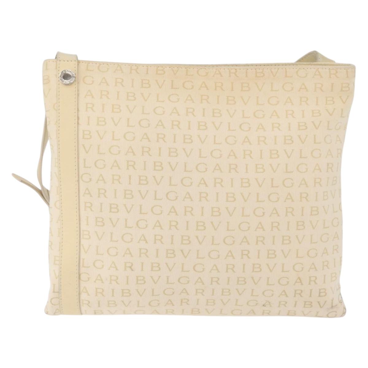 BVLGARI Logo Mania Shoulder Bag Canvas Beige Silver Auth 173495