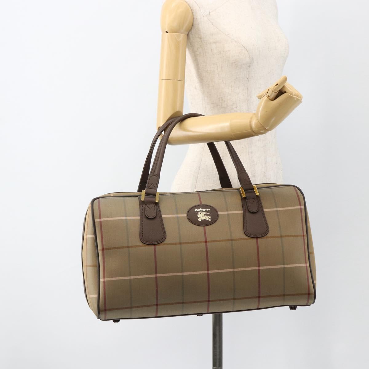 Burberrys Nova Check Boston Bag Canvas Leather Beige Gold Auth 173526