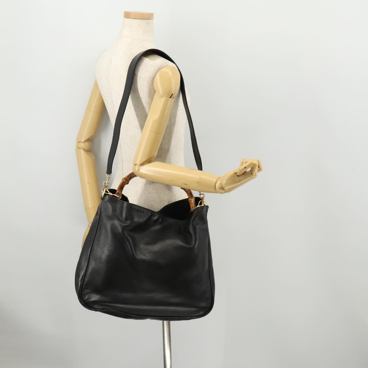 GUCCI Bamboo Hand Bag Leather 2way Black Gold 001 1998 1577 Auth 173531
