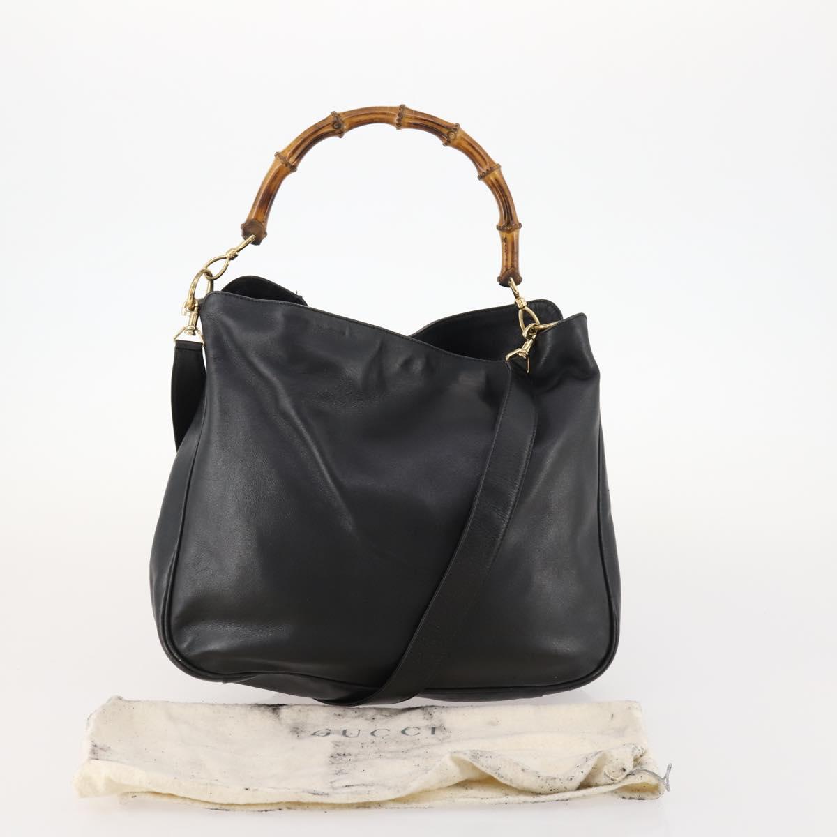 GUCCI Bamboo Hand Bag Leather 2way Black Gold 001 1998 1577 Auth 173531