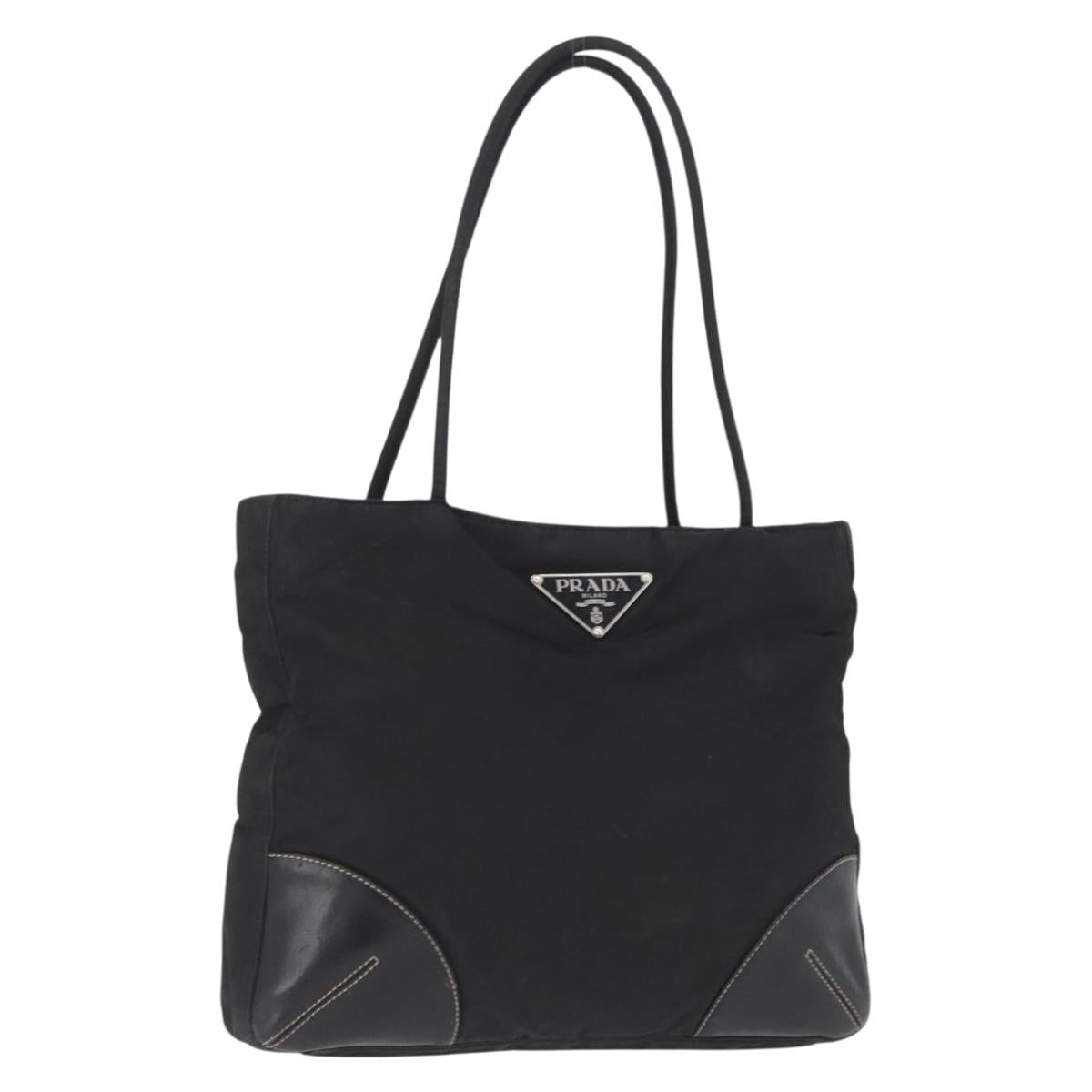 PRADA Tote Bag Nylon Leather Black Silver Auth 173534