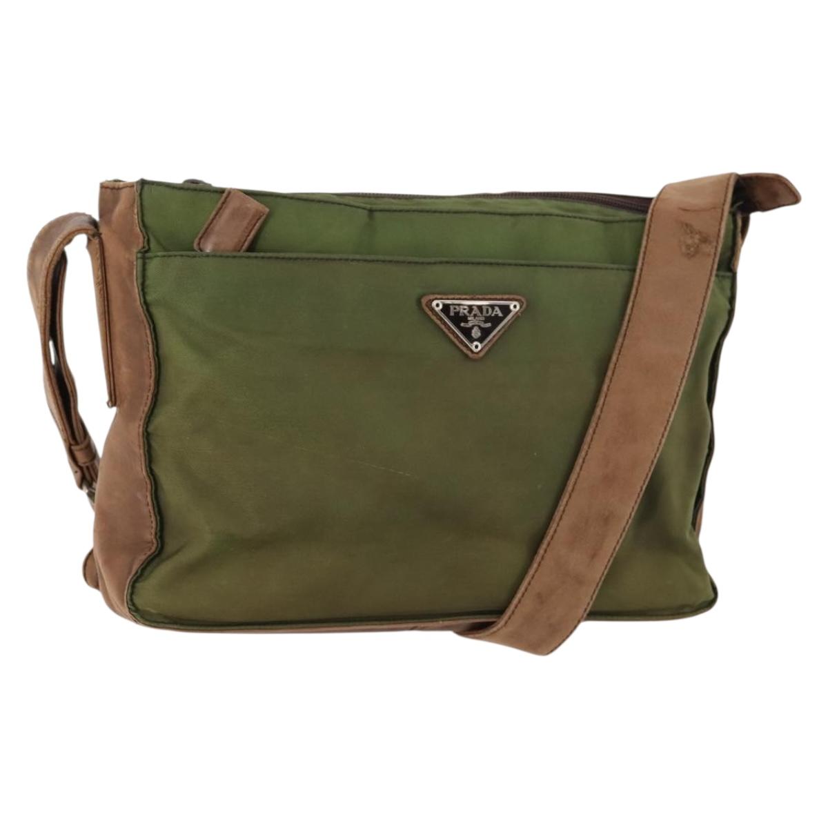 PRADA Shoulder Bag Nylon Leather Khaki Brown Silver Auth 173537