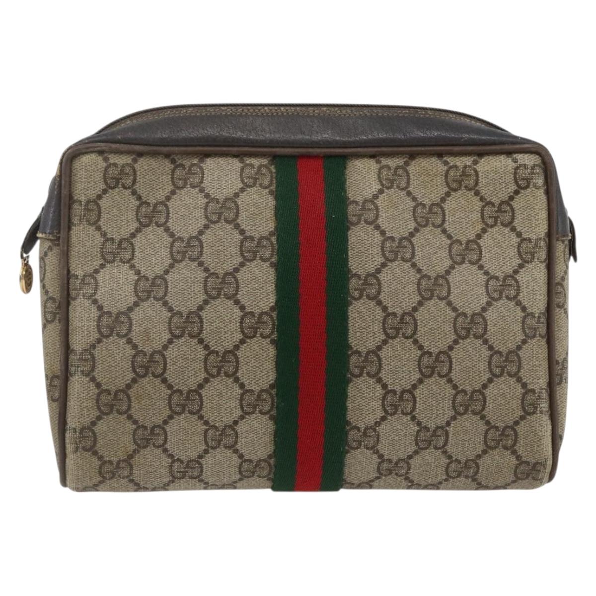 GUCCI GG Supreme Web Sherry Line Clutch Bag PVC Beige Gold 22 01 012 Auth 173548