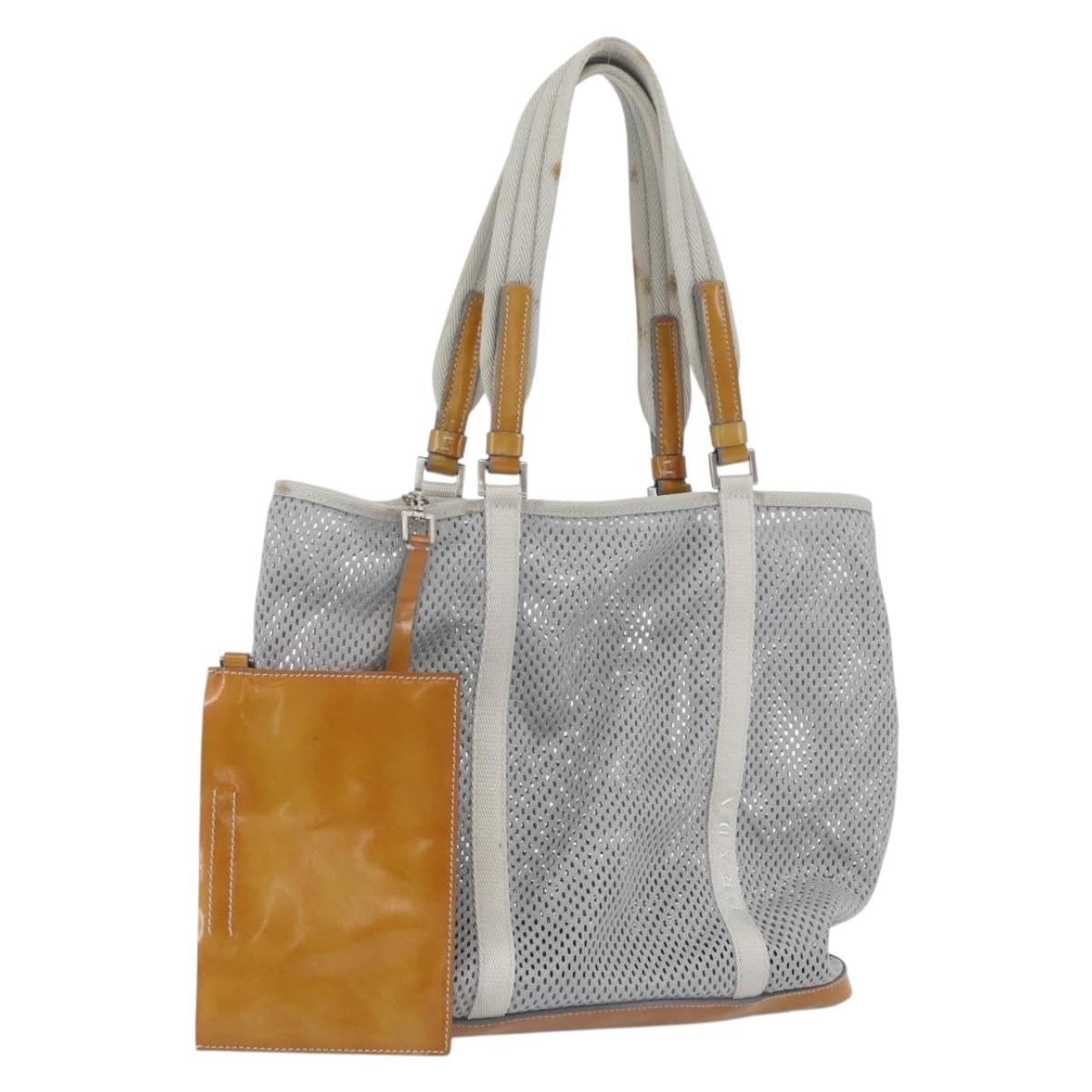 PRADA Mesh Sports Hand Bag Nylon patent leather Gray Silver Auth 173584