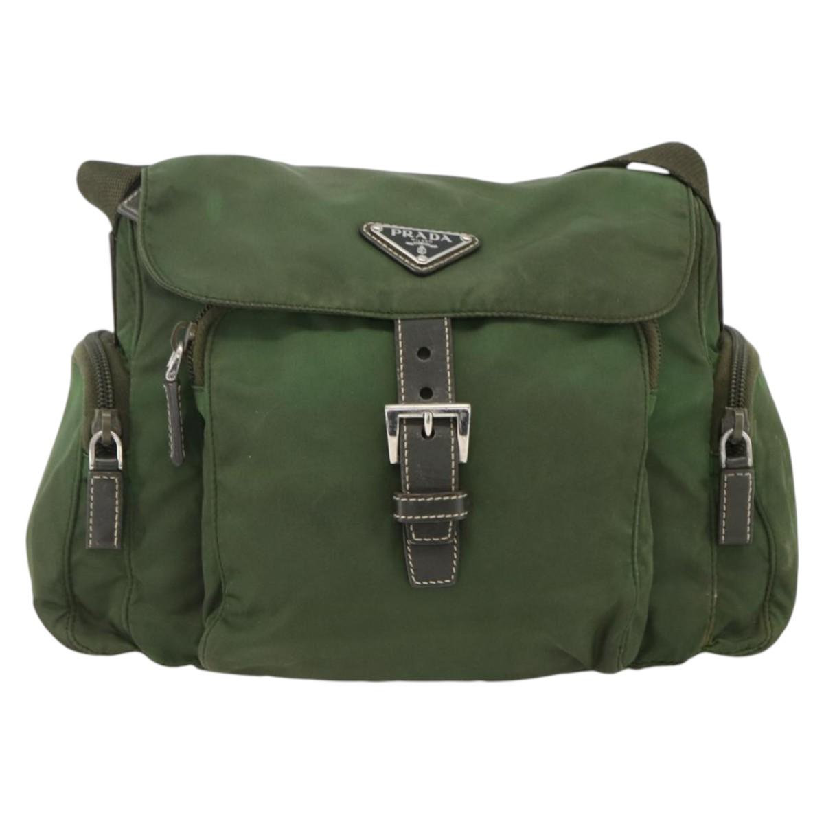 PRADA Shoulder Bag Nylon Khaki Silver Auth 173585