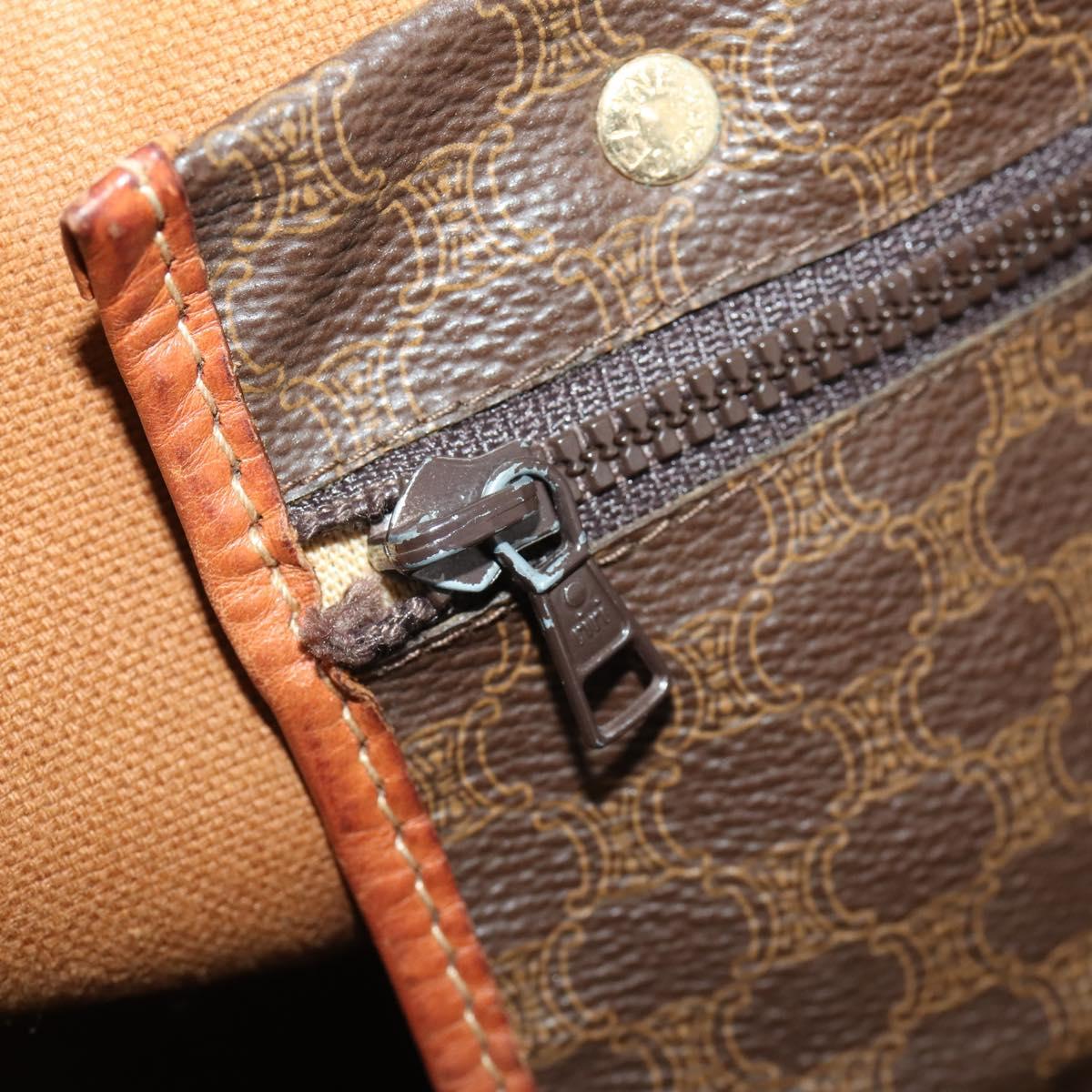 CELINE Macadam Canvas Boston Bag PVC Leather Brown Gold Auth 173617