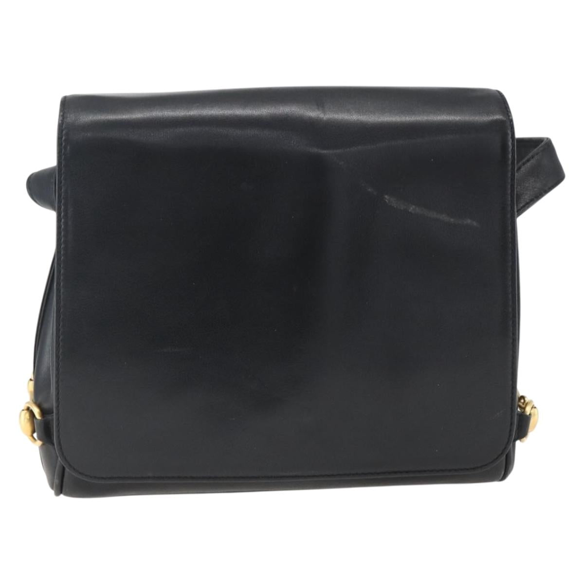 GUCCI Horsebit Shoulder Bag Leather Black Gold Auth 173650