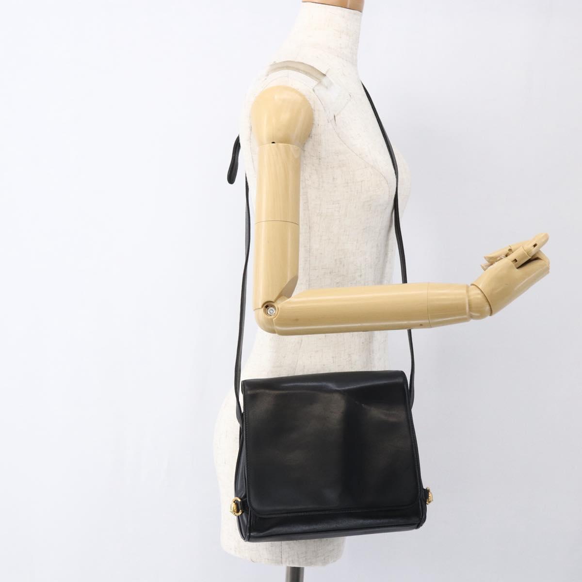 GUCCI Horsebit Shoulder Bag Leather Black Gold Auth 173650