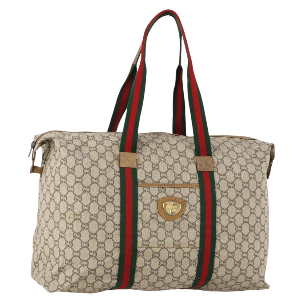 GUCCI GG Plus Supreme Web Sherry Line Boston Bag PVC Beige Auth 173664