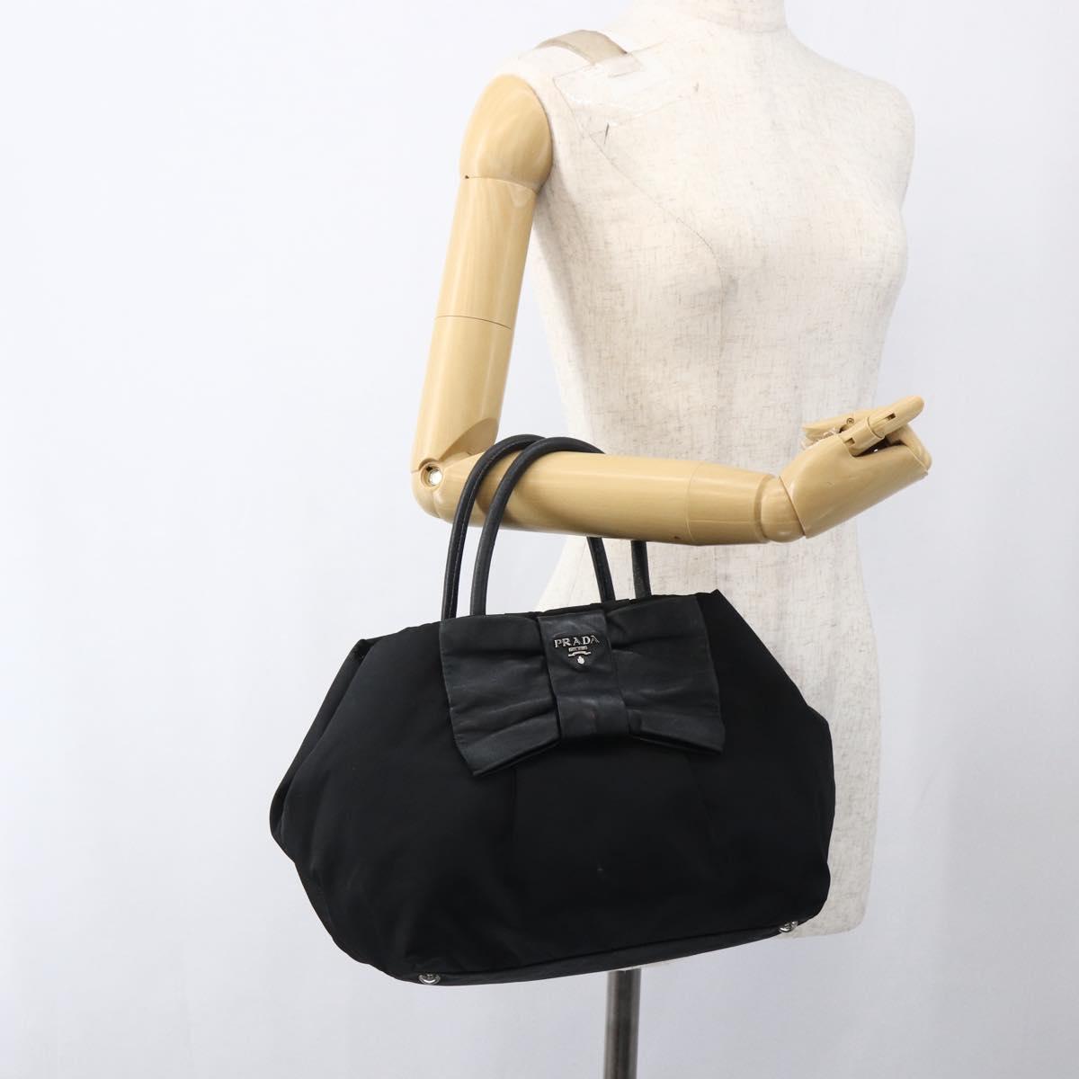 PRADA Ribbon Hand Bag Nylon Leather Black Silver Auth 173676