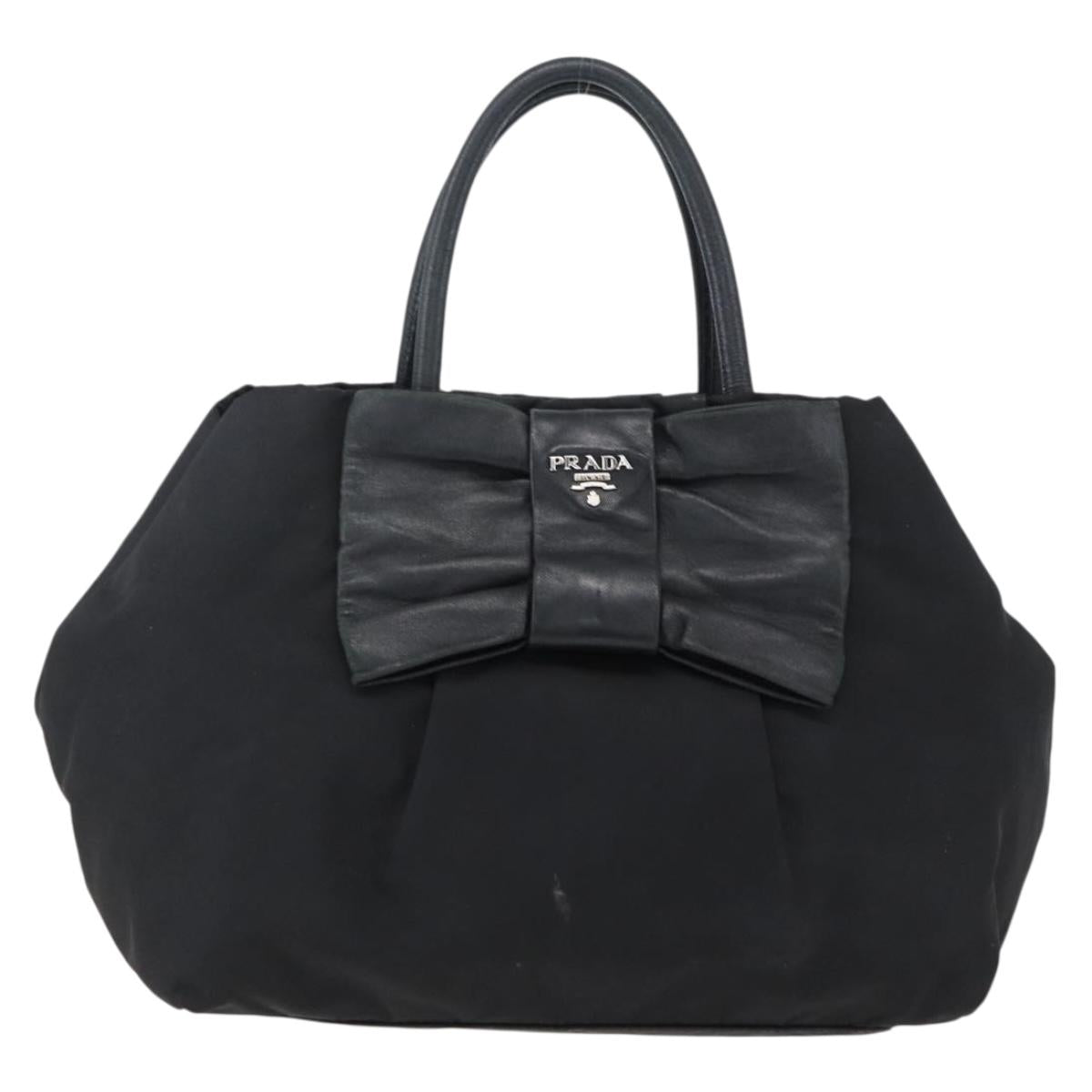 PRADA Ribbon Hand Bag Nylon Leather Black Silver Auth 173676