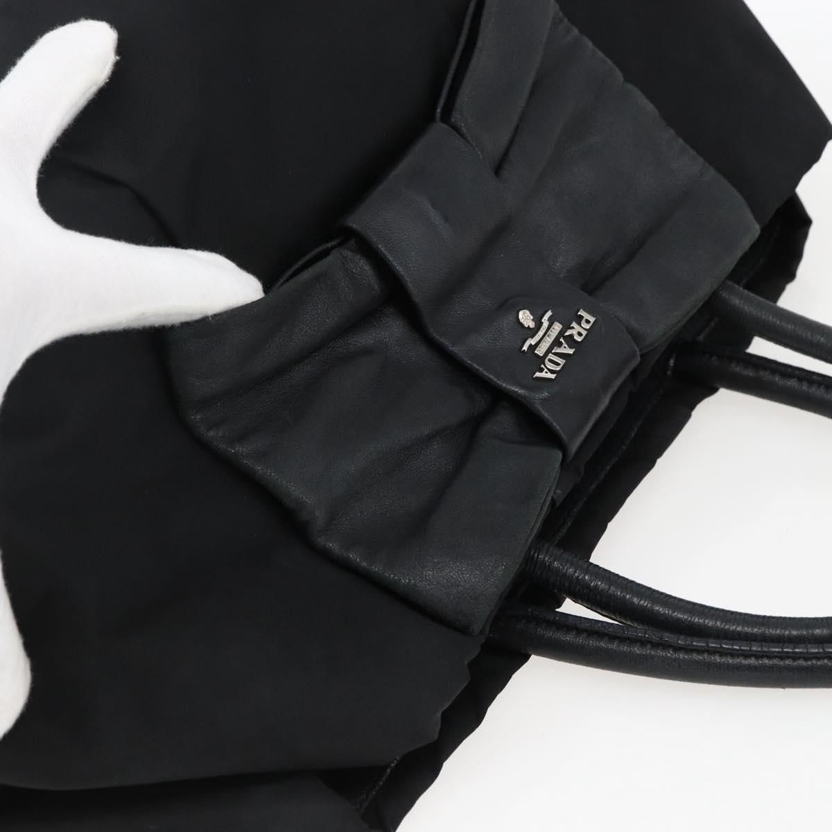PRADA Ribbon Hand Bag Nylon Leather Black Silver Auth 173676