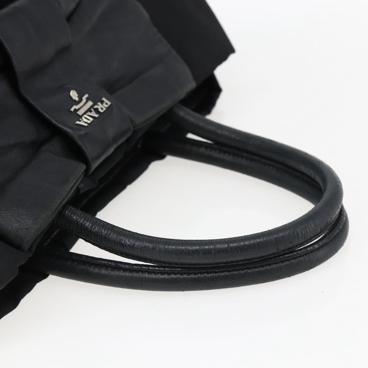 PRADA Ribbon Hand Bag Nylon Leather Black Silver Auth 173676