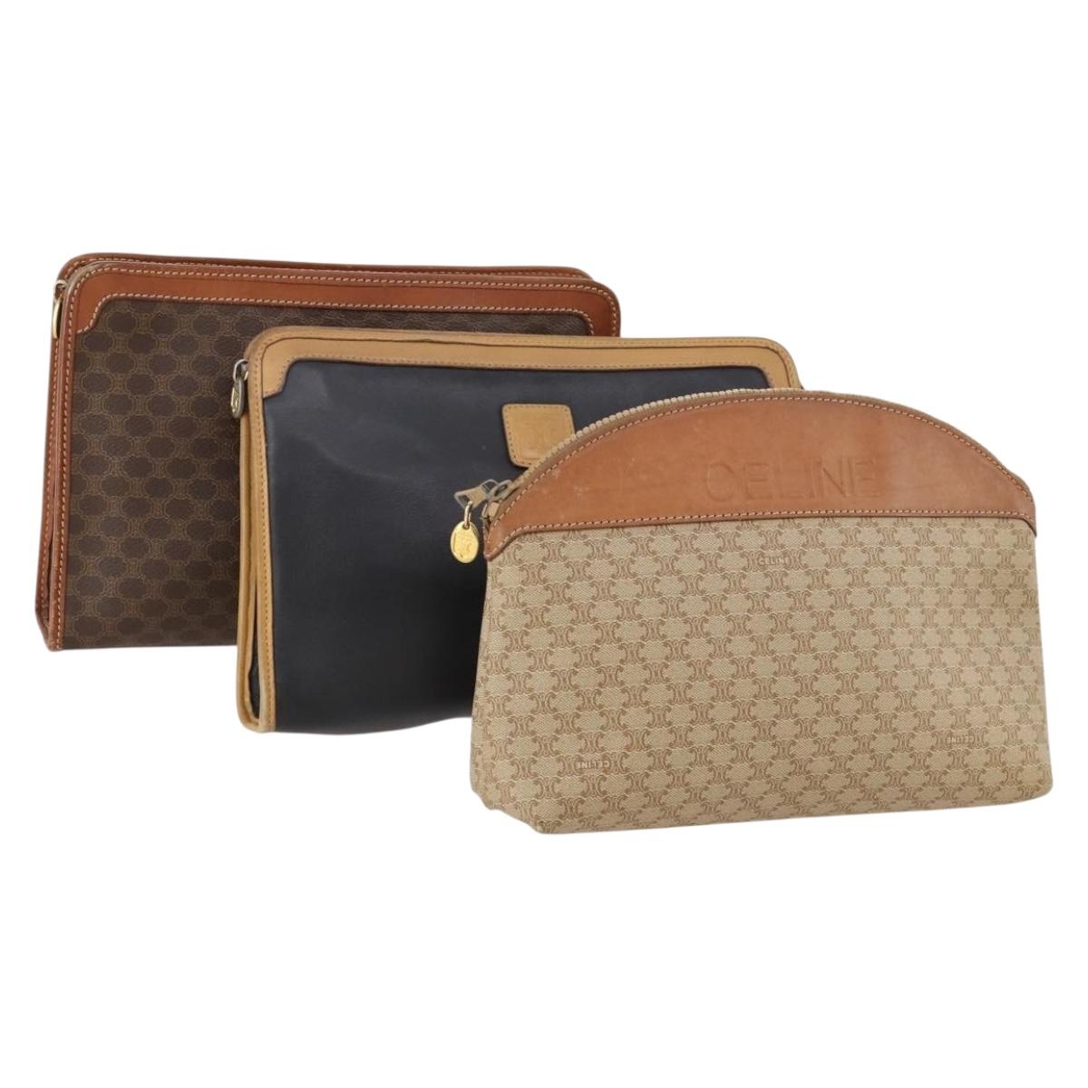 CELINE Macadam Canvas Clutch Bag PVC Leather 3 Set Brown Black beige Auth 173683