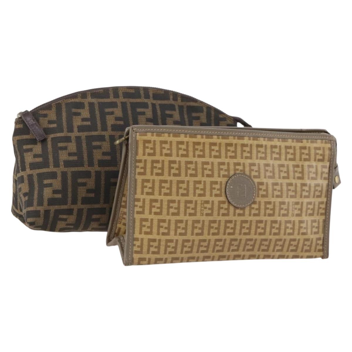 FENDI Zucchino Clutch Bag PVC 2 Set Brown Black Auth 173685