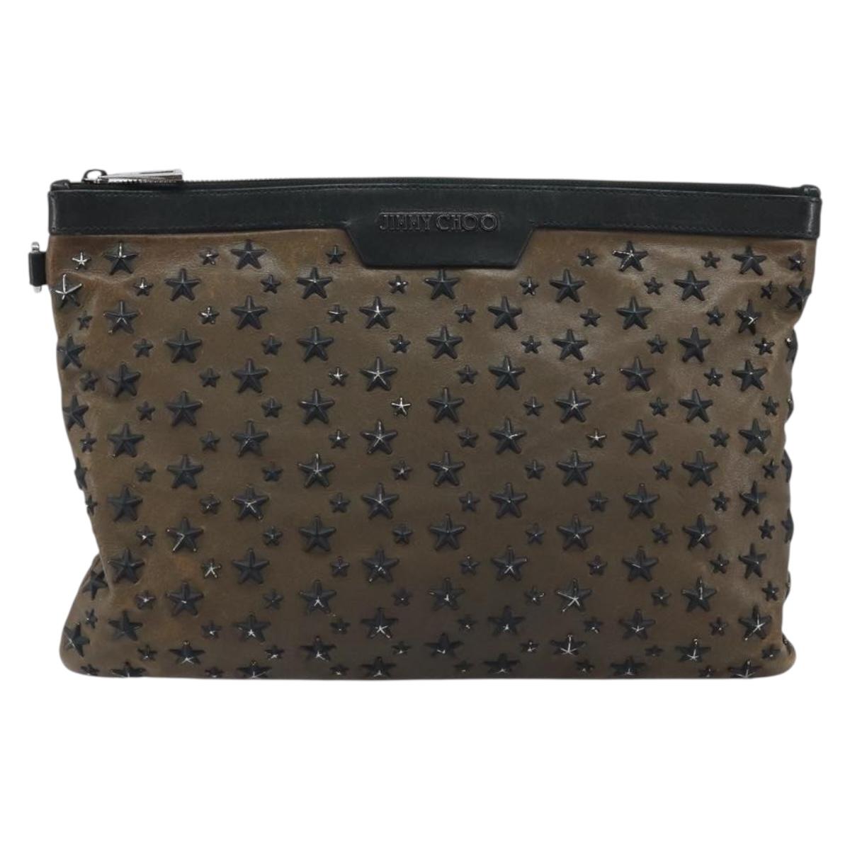 Jimmy Choo Clutch Bag Leather Brown Silver Auth 173696