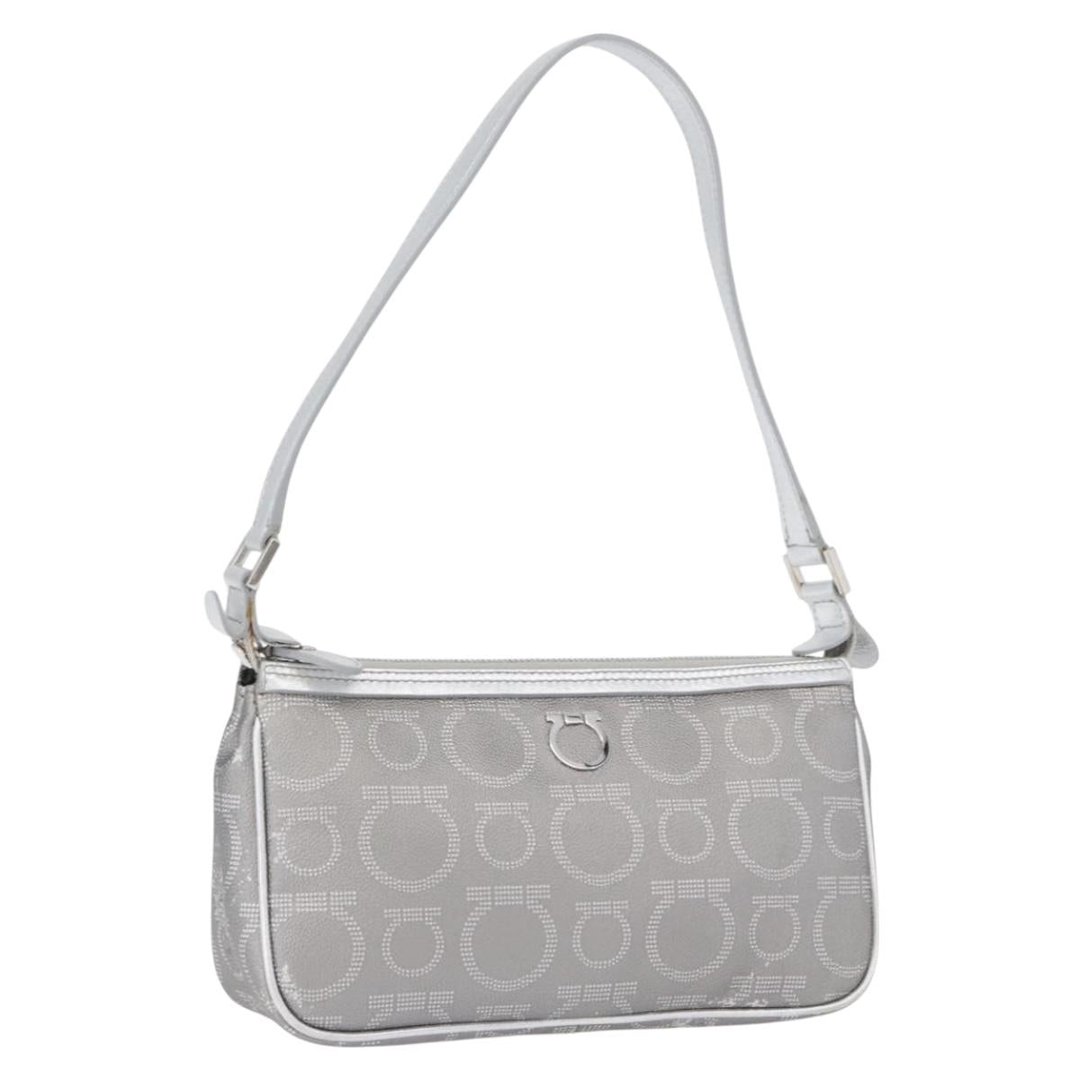 Salvatore Ferragamo Gancini Shoulder Bag PVC Leather Silver Auth 173697
