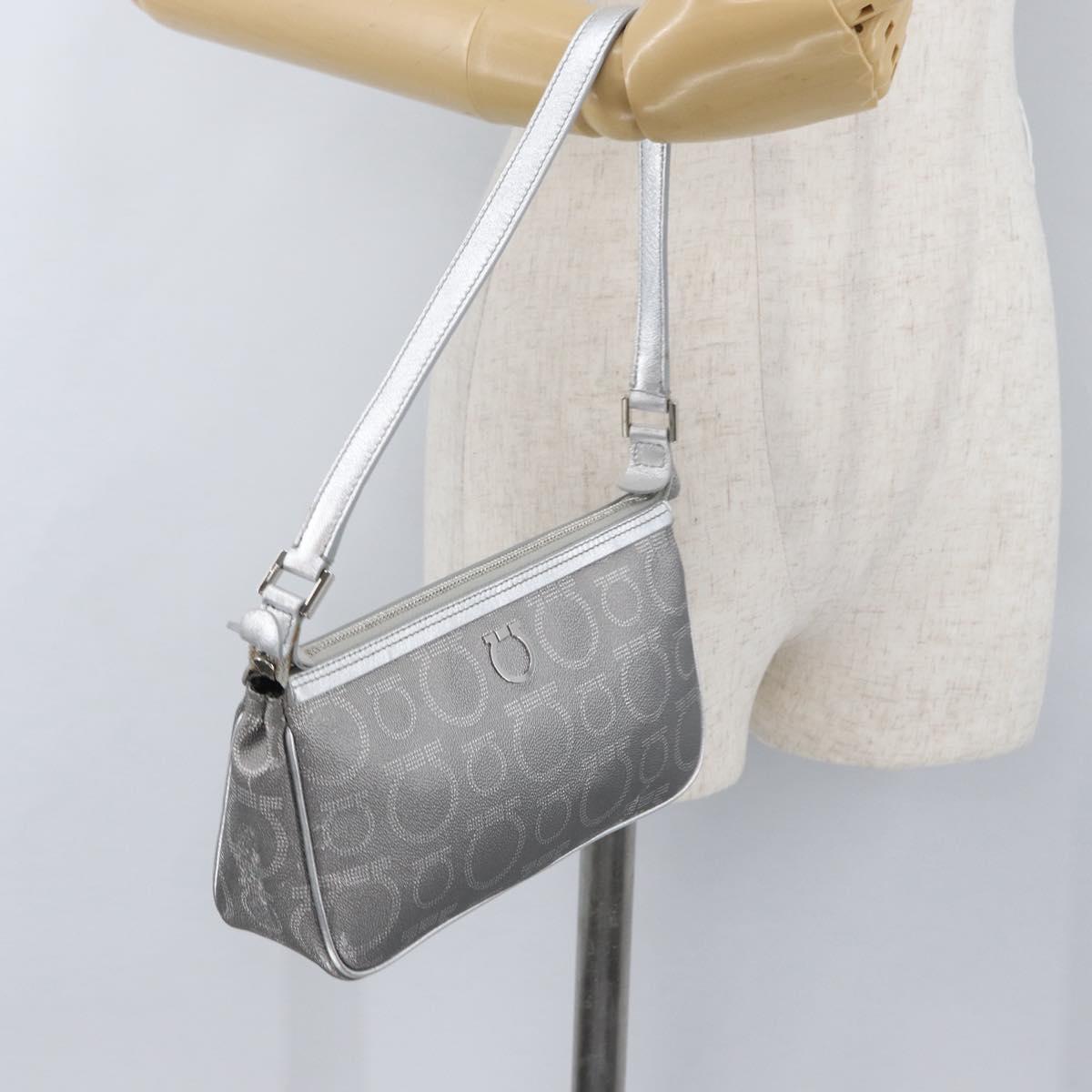 Salvatore Ferragamo Gancini Shoulder Bag PVC Leather Silver Auth 173697