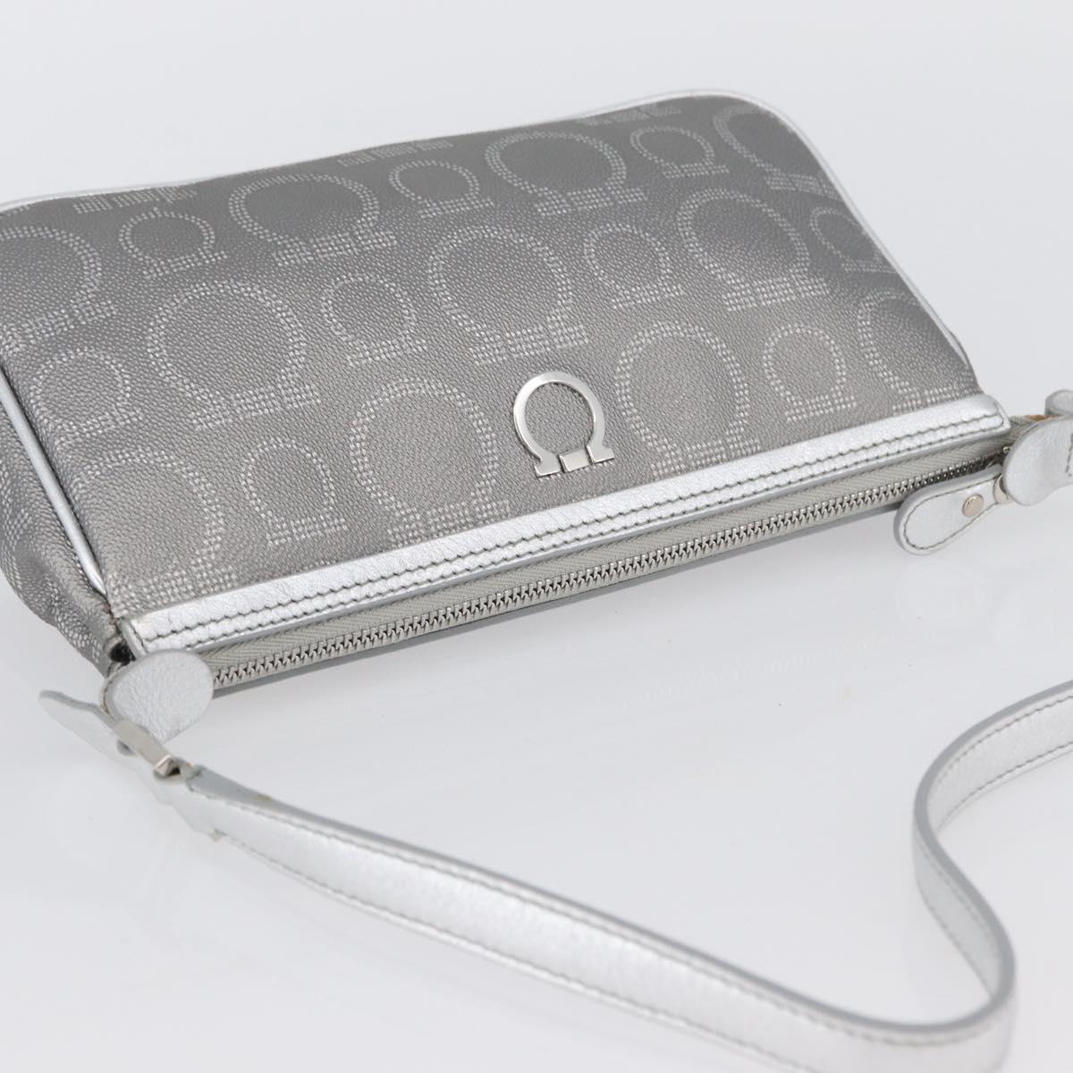 Salvatore Ferragamo Gancini Shoulder Bag PVC Leather Silver Auth 173697