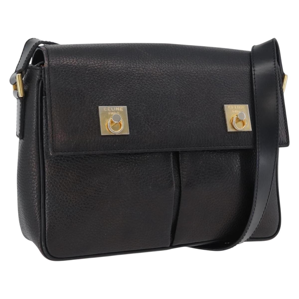 CELINE Shoulder Bag Leather Black Gold Auth 173699