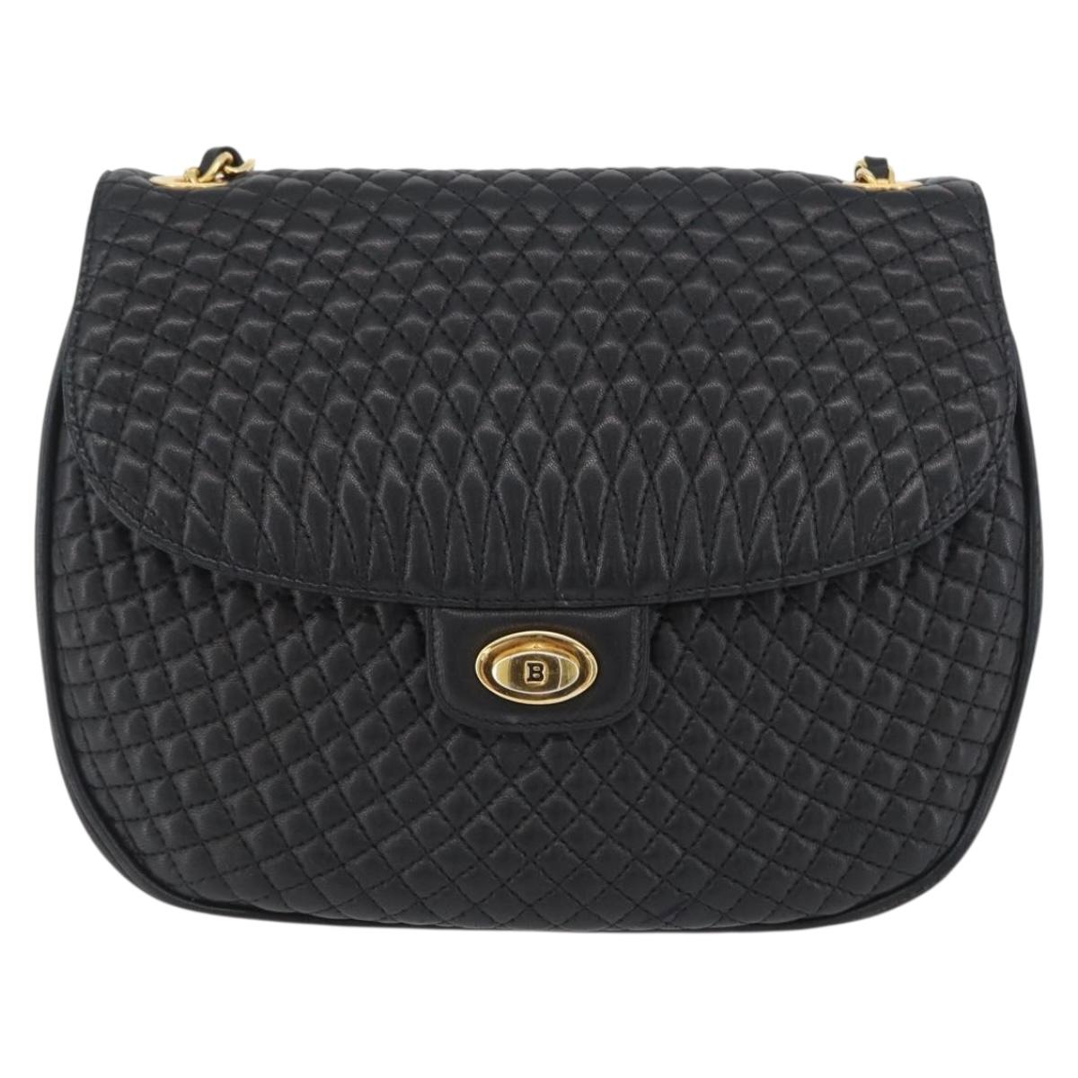 BALLY Quilted Chain Shoulder Bag Leather Black Gold Auth 173712