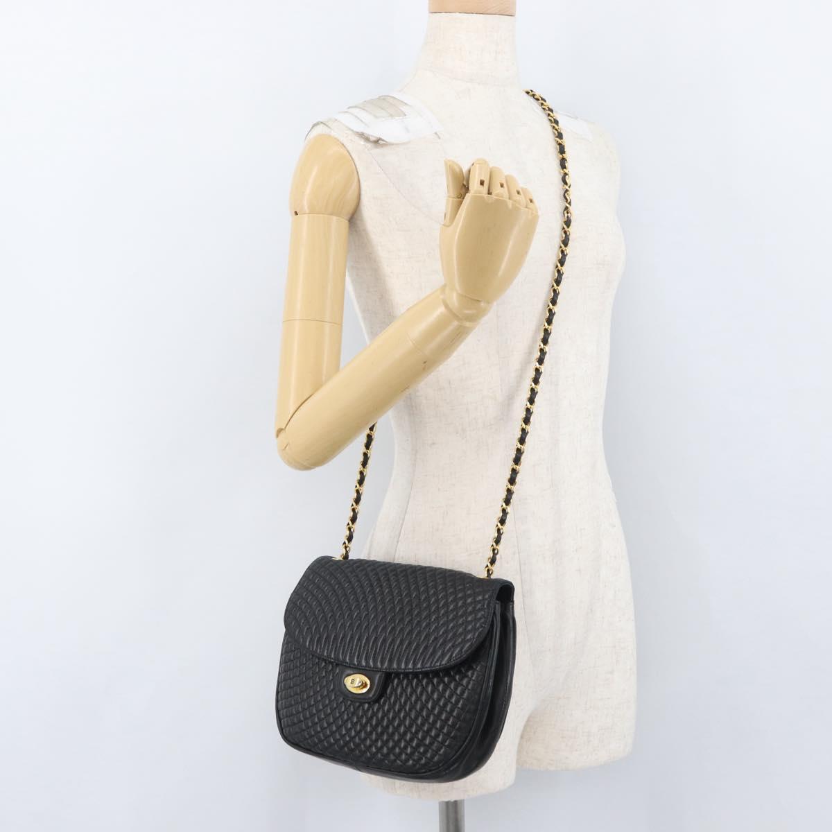 BALLY Quilted Chain Shoulder Bag Leather Black Gold Auth 173712