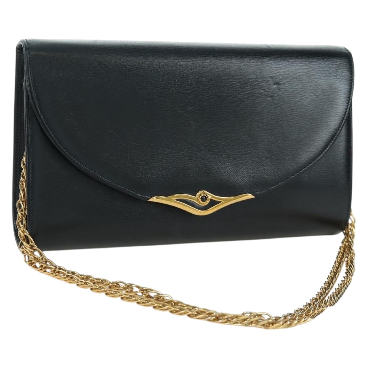 CARTIER Sapphire Line Chain Shoulder Bag Leather Black Gold Auth 173713A
