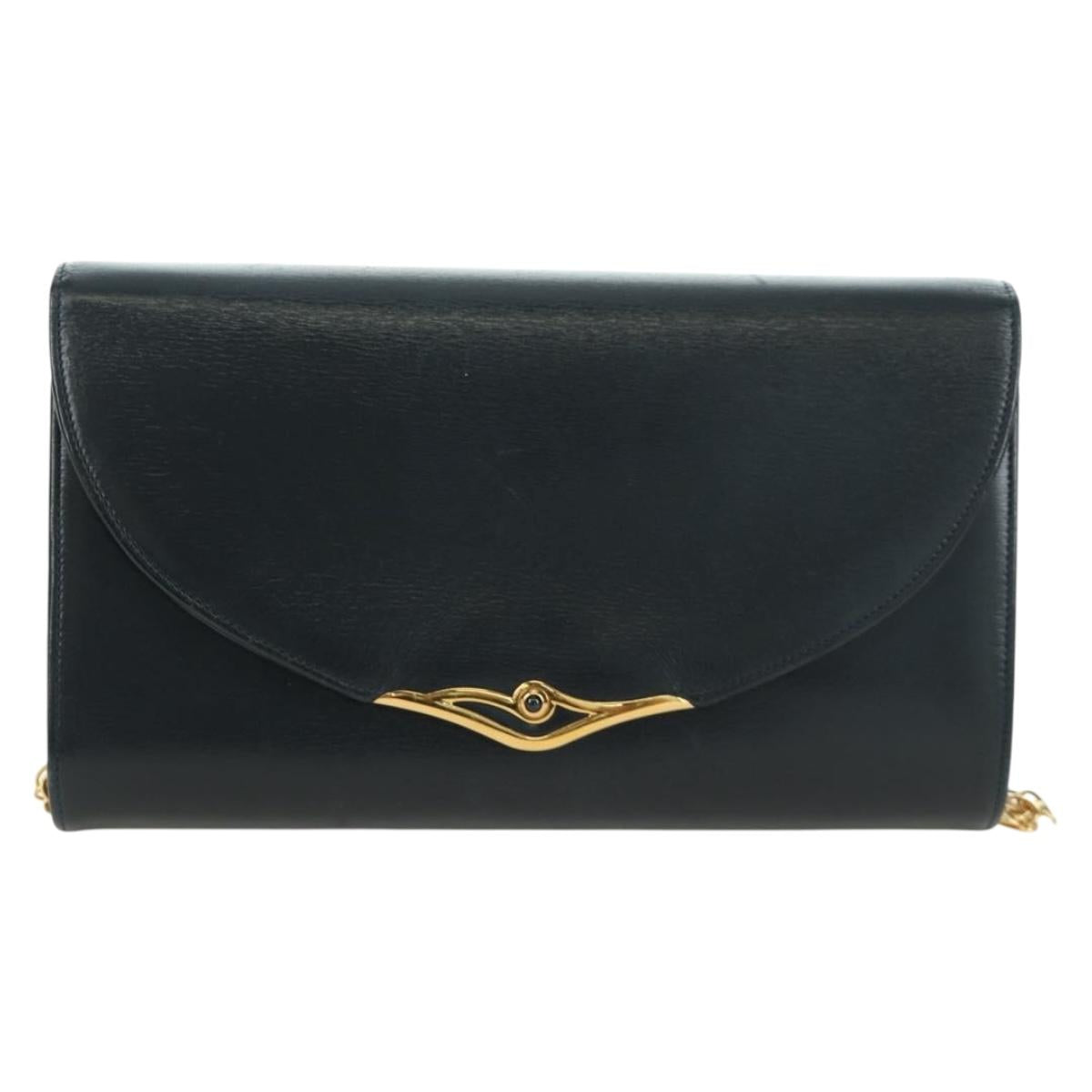 CARTIER Sapphire Line Chain Shoulder Bag Leather Black Gold Auth 173713A