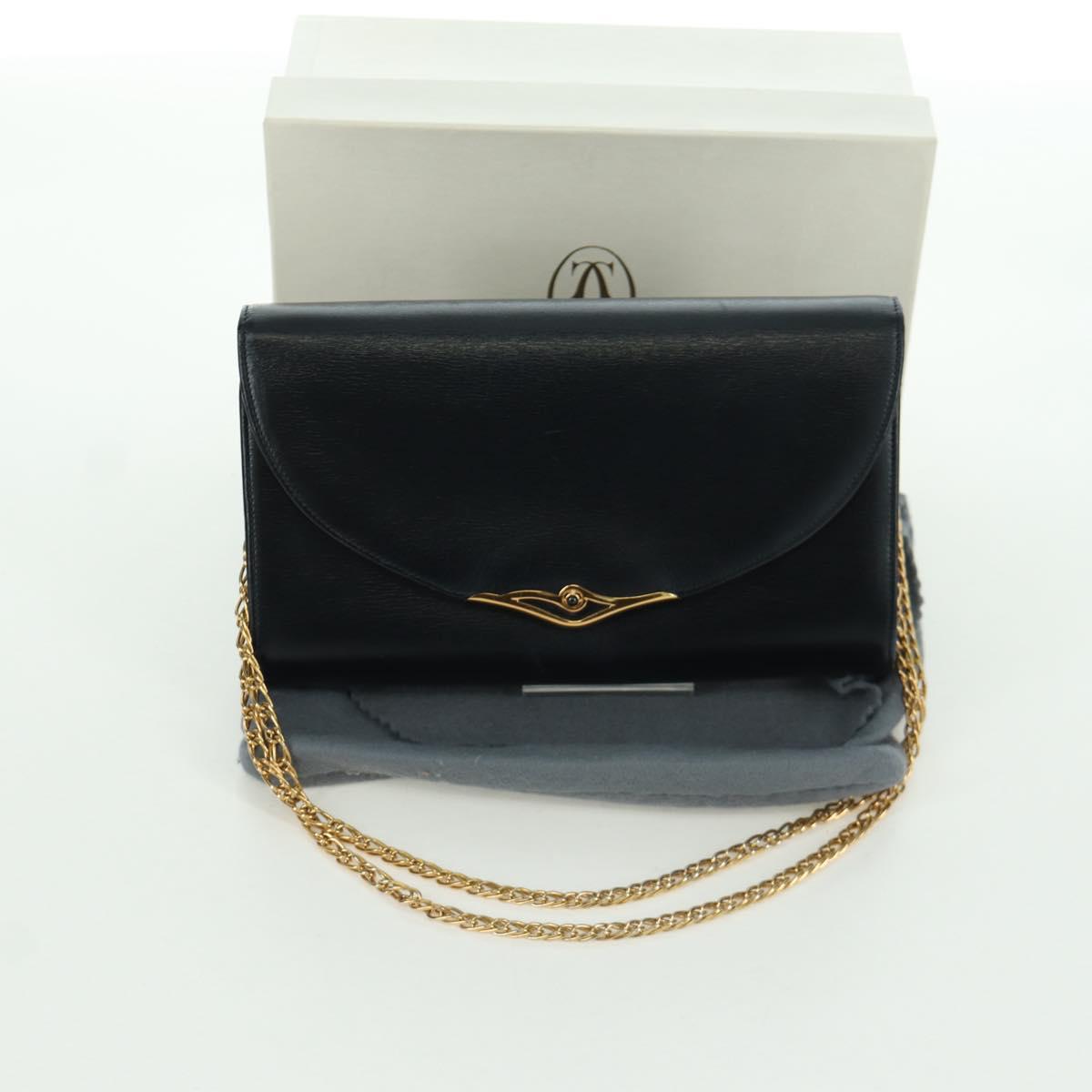 CARTIER Sapphire Line Chain Shoulder Bag Leather Black Gold Auth 173713A