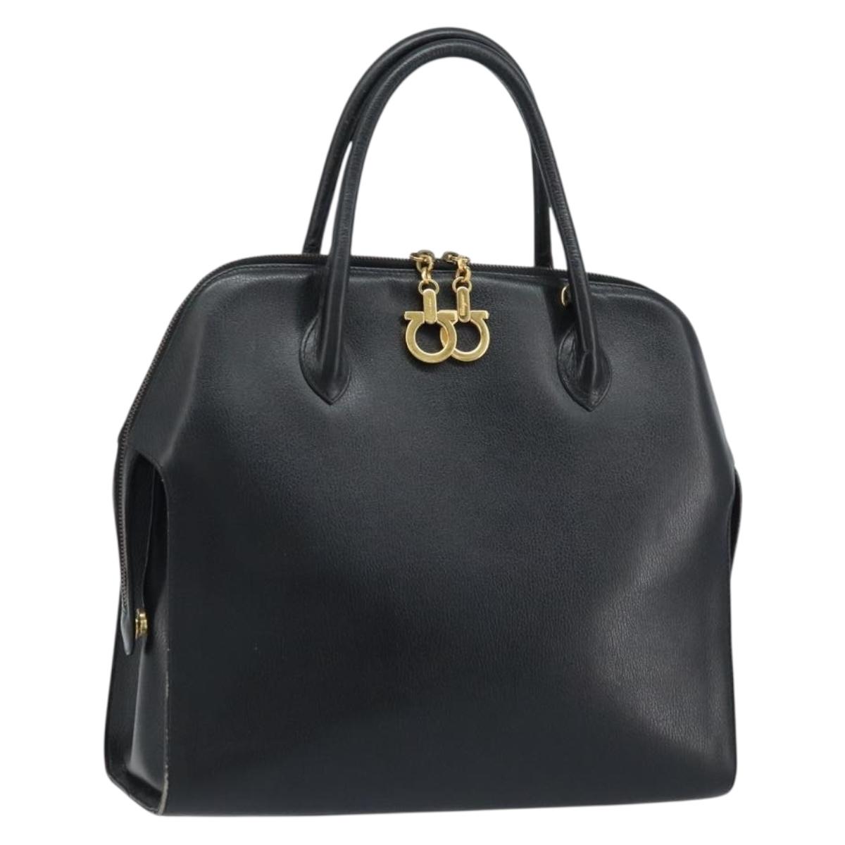 Salvatore Ferragamo Hand Bag Leather Black Gold Auth 173778