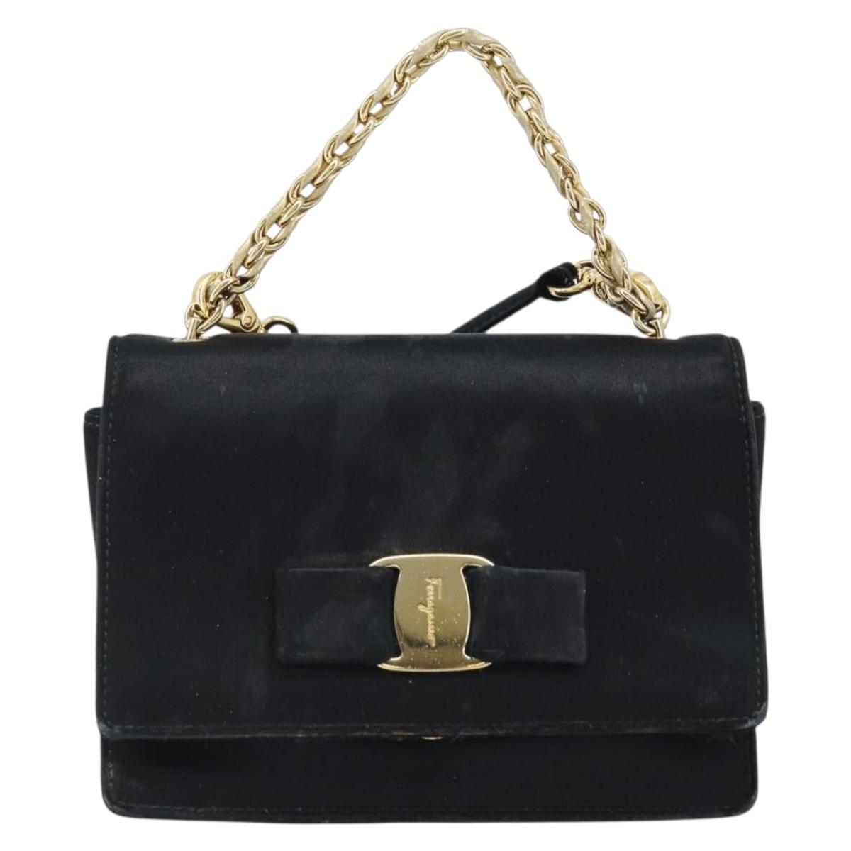 Salvatore Ferragamo Vala Ribbon Shoulder Bag Satin 2way Black Gold Auth 173786