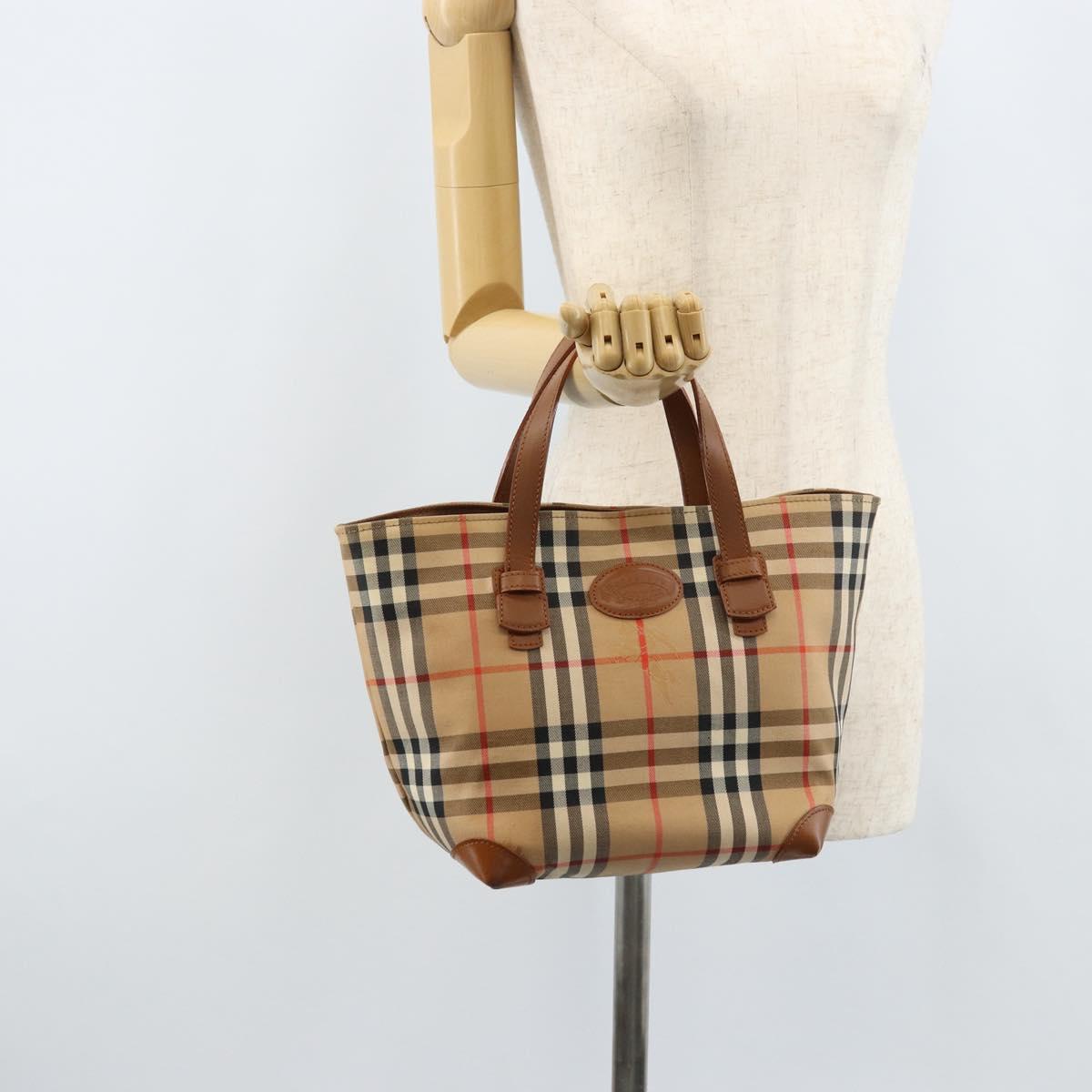 Burberrys Nova Check Hand Bag Canvas Beige Gold Auth 173795