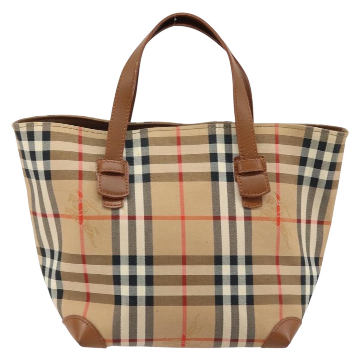 Burberrys Nova Check Hand Bag Canvas Beige Gold Auth 173795