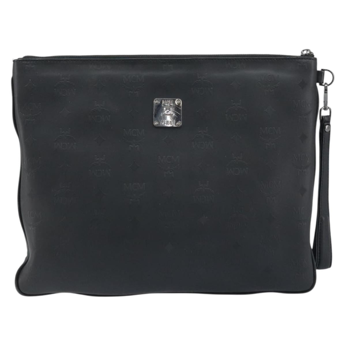 MCM Vicetos Logogram Clutch Bag Leather Black Silver Auth 173812
