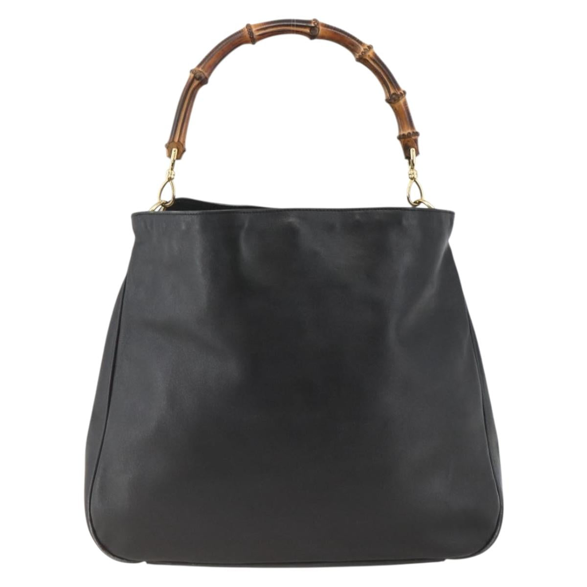 GUCCI Bamboo Shoulder Bag Leather Black Gold Auth 173820