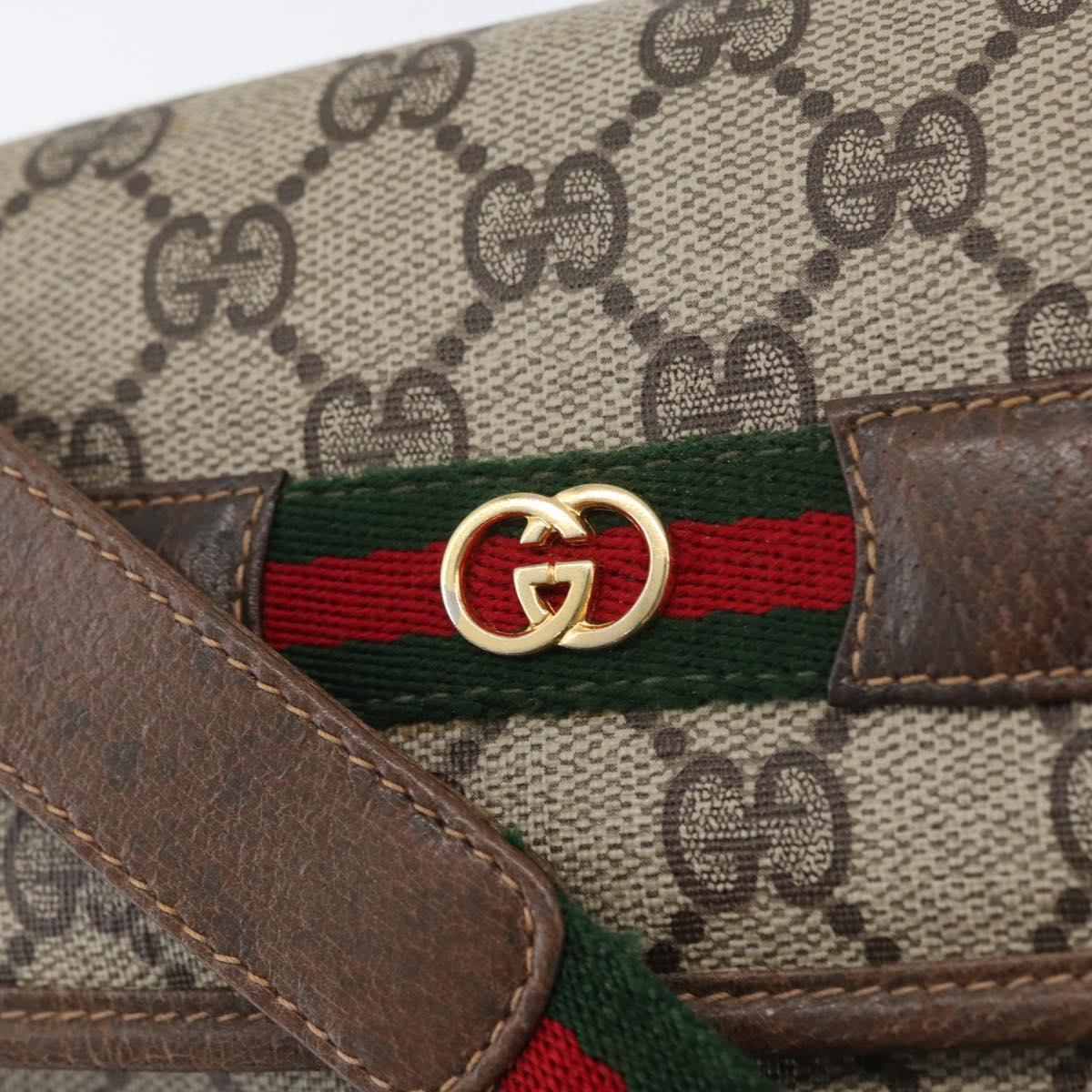 GUCCI GG Supreme Web Sherry Line Shoulder Bag PVC Beige Gold Auth 173844