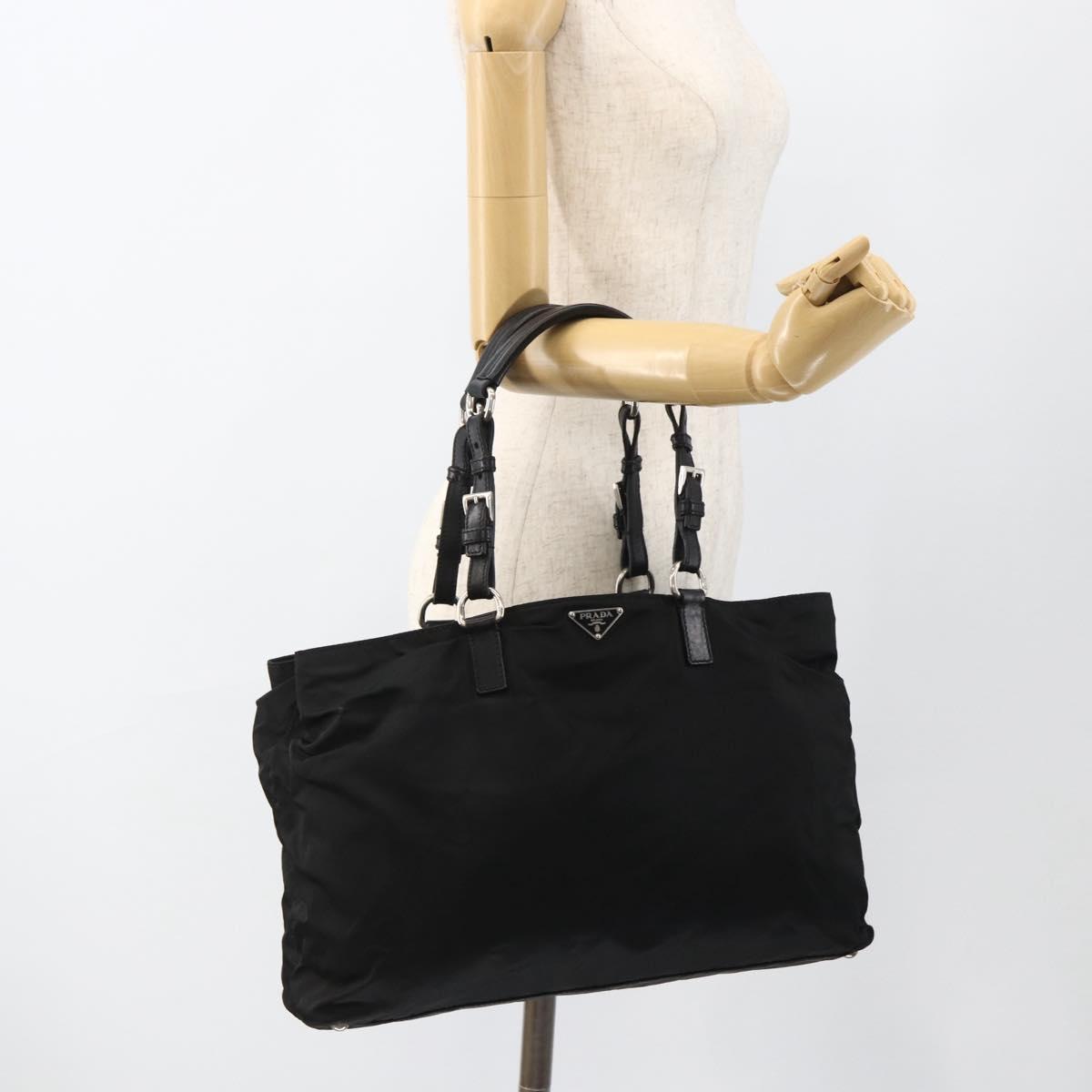 PRADA Hand Bag Nylon Black Silver Auth 173846A