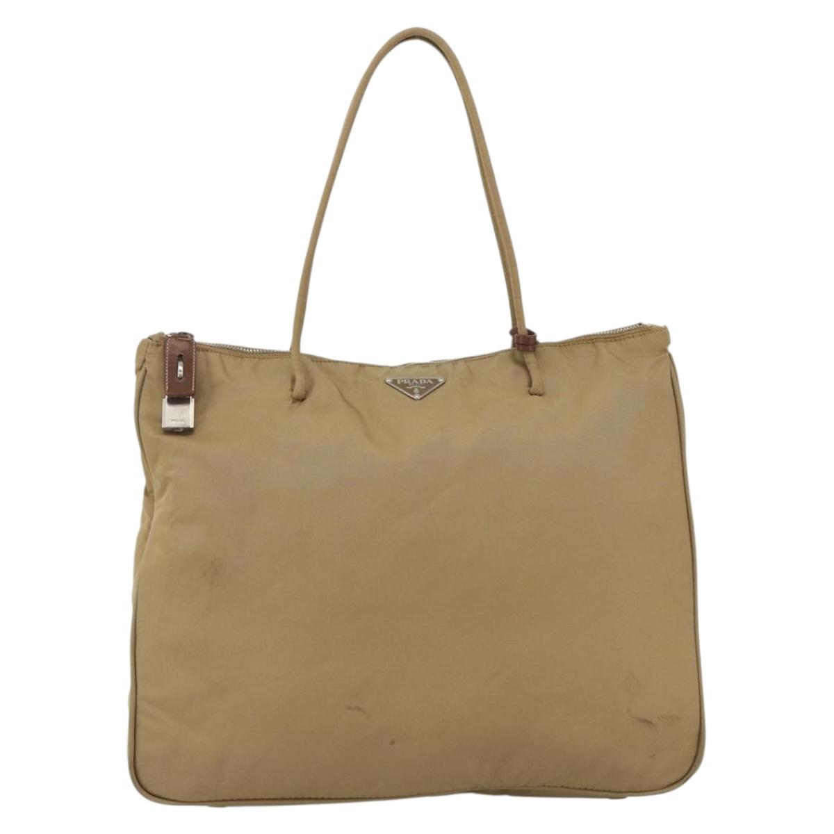 PRADA Tote Bag Nylon Beige Silver Auth 173852