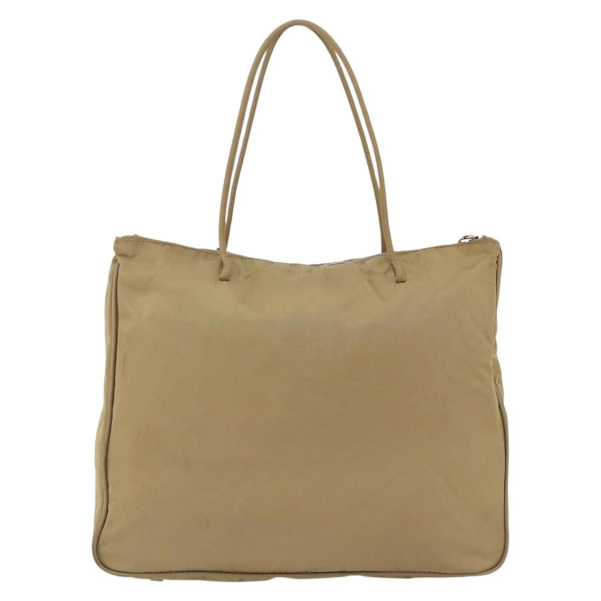 PRADA Tote Bag Nylon Beige Silver Auth 173852