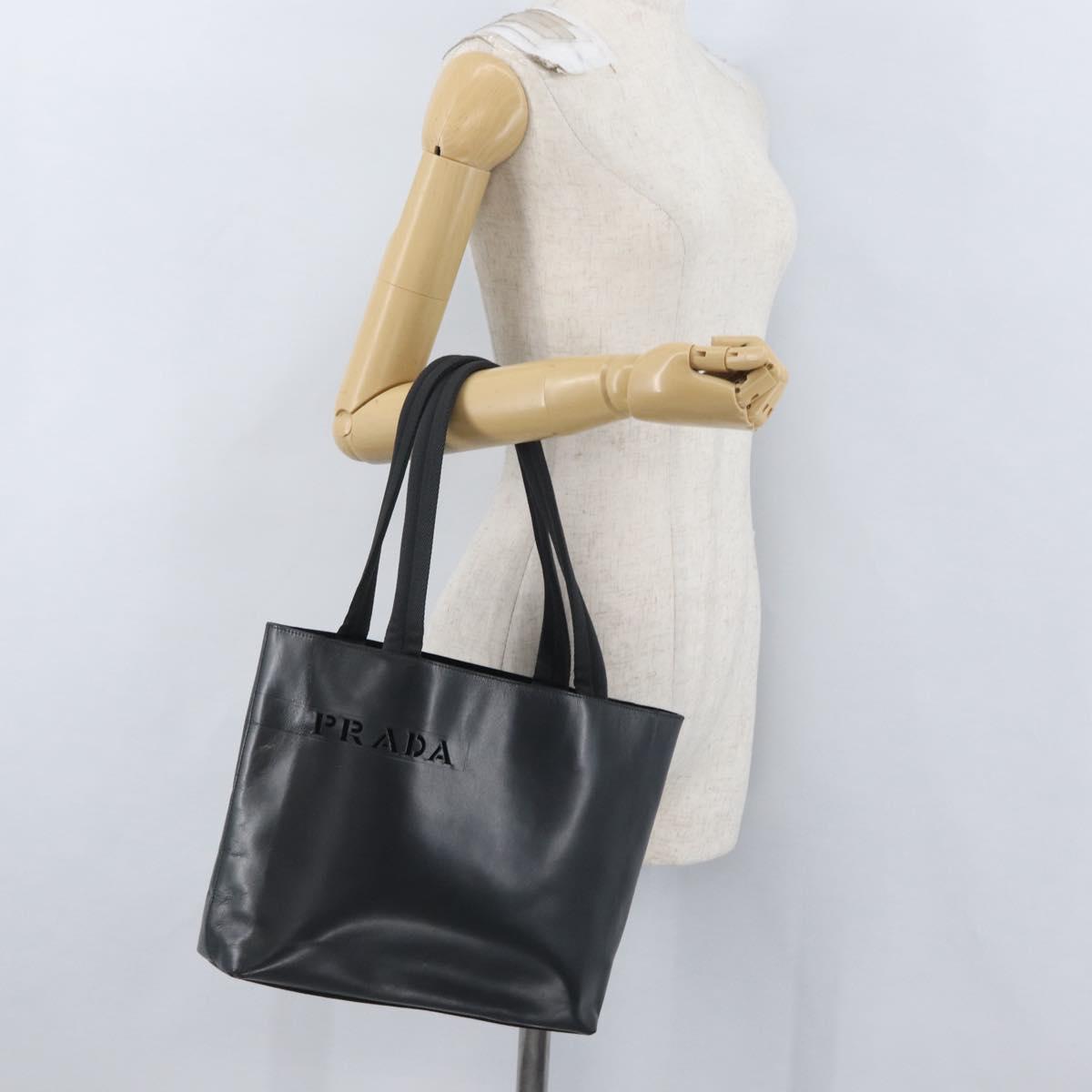 PRADA Tote Bag Leather Black Silver Auth 173853