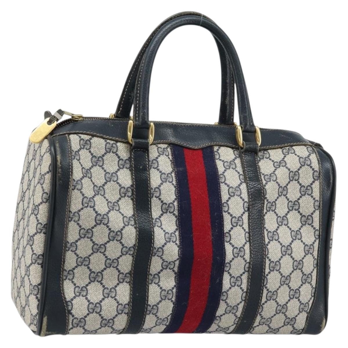 GUCCI GG Supreme Sherry Line Hand Bag PVC Navy Gold Red Auth 173870