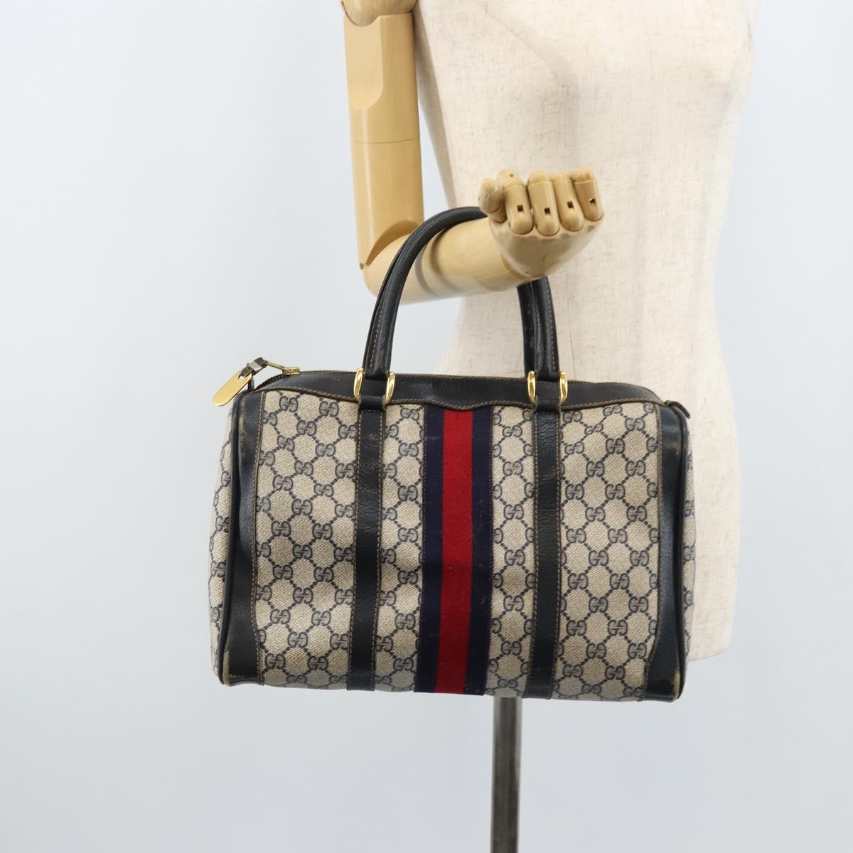 GUCCI GG Supreme Sherry Line Hand Bag PVC Navy Gold Red Auth 173870