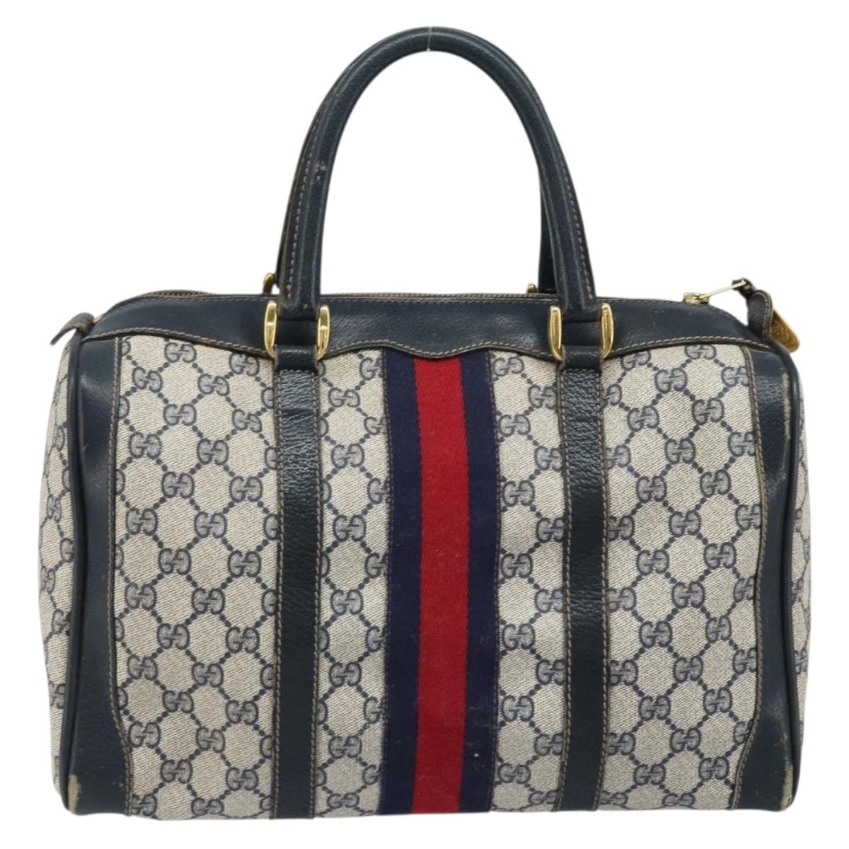 GUCCI GG Supreme Sherry Line Hand Bag PVC Navy Gold Red Auth 173870