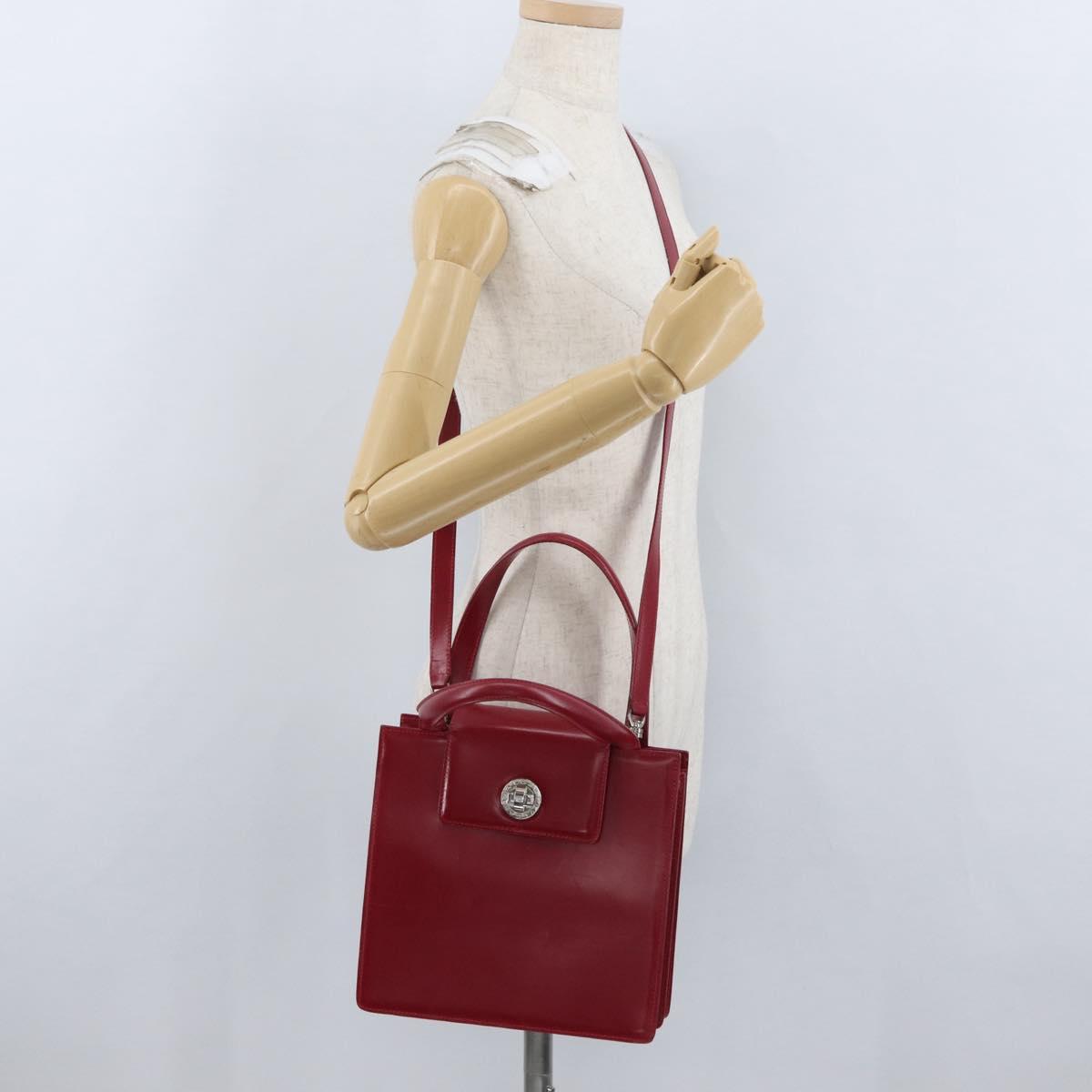 BVLGARI Hand Bag Leather 2way Red Silver Auth 173889A